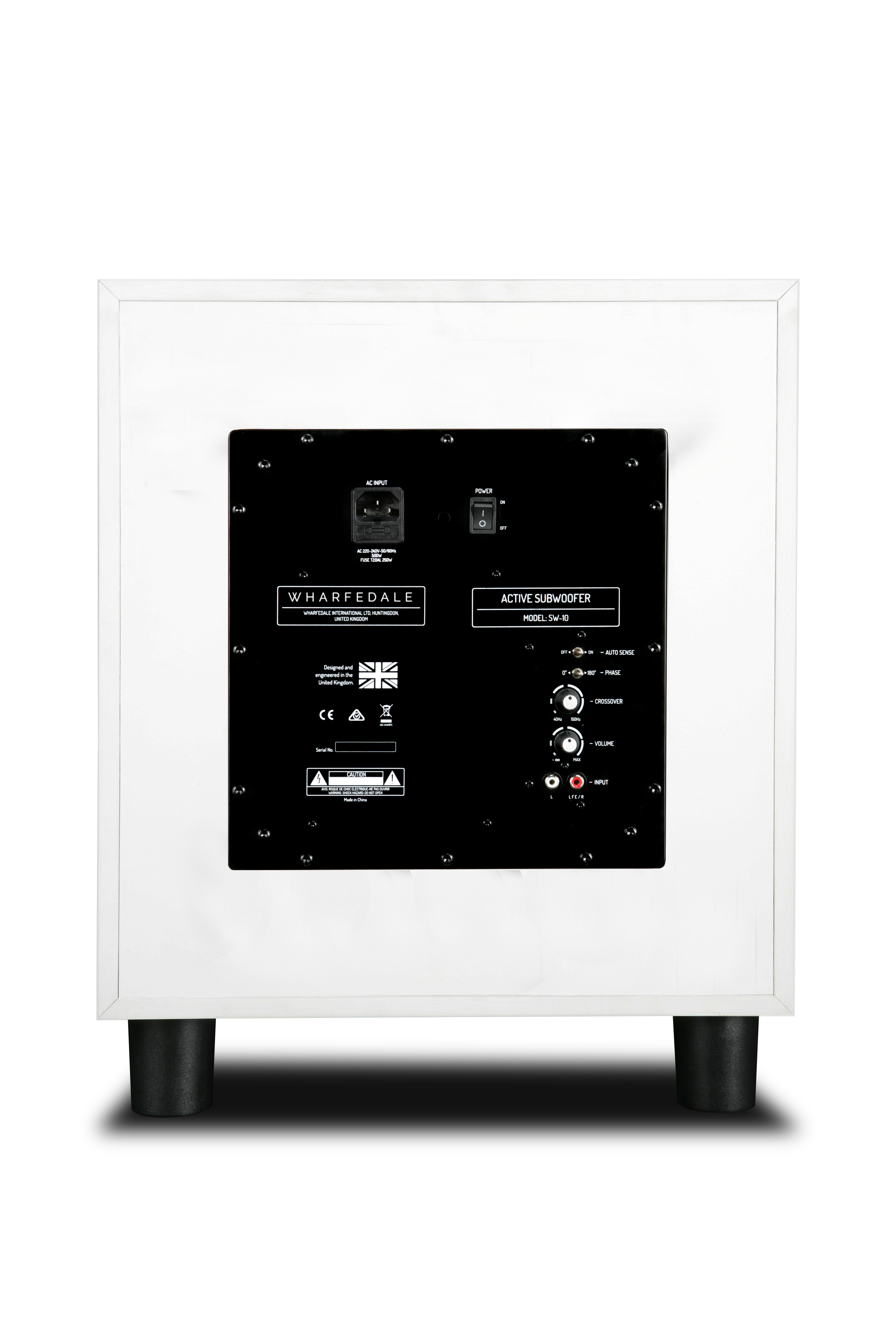 Back of a white subwoofer with controls and ports.