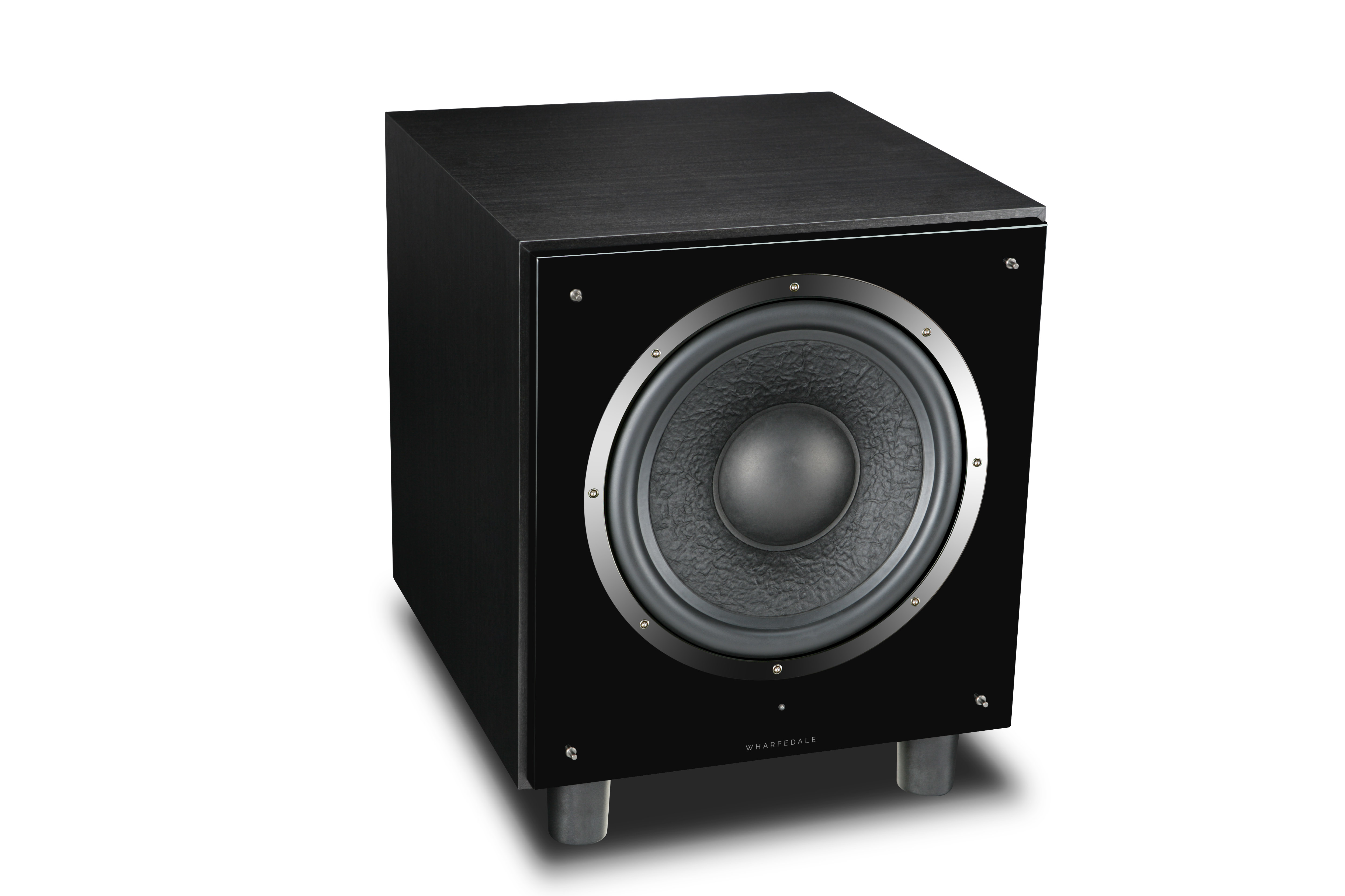 Black subwoofer speaker. Shows a large cone with a silver ring and four legs.