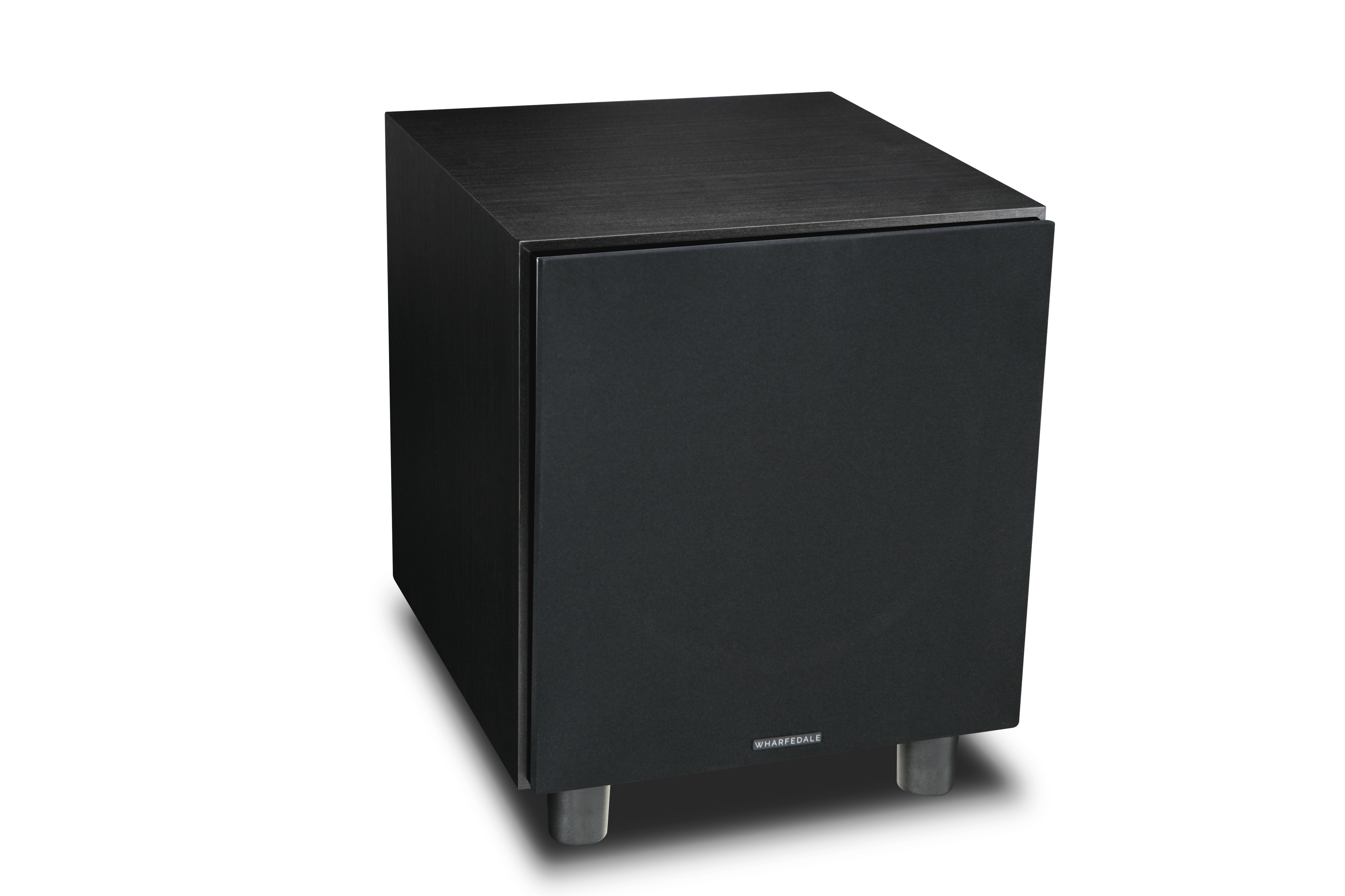 Black Wharfedale subwoofer, black legs. Dark wood top. White background.