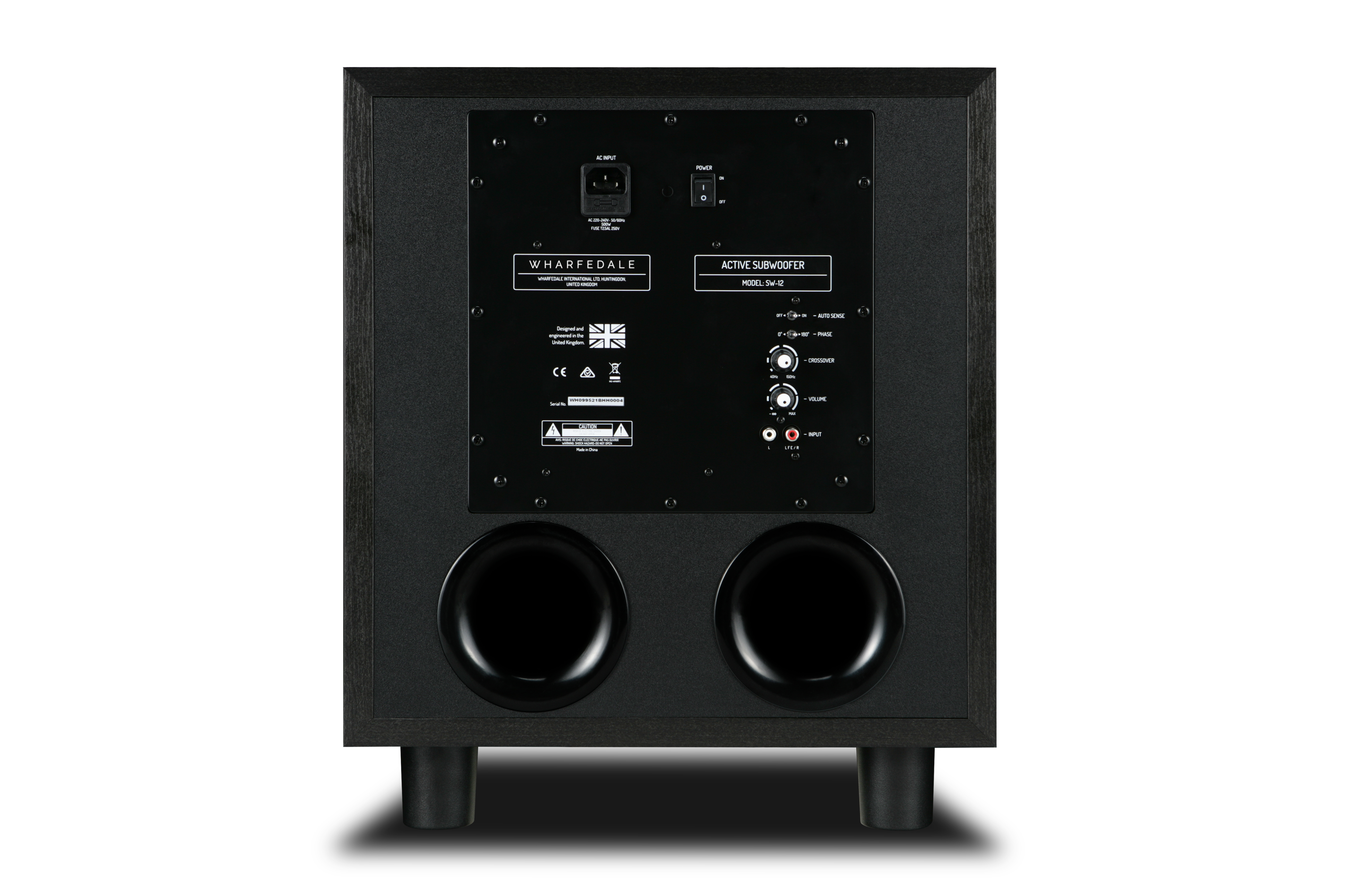 Black subwoofer back with ports, controls, and a power switch. The background is white.