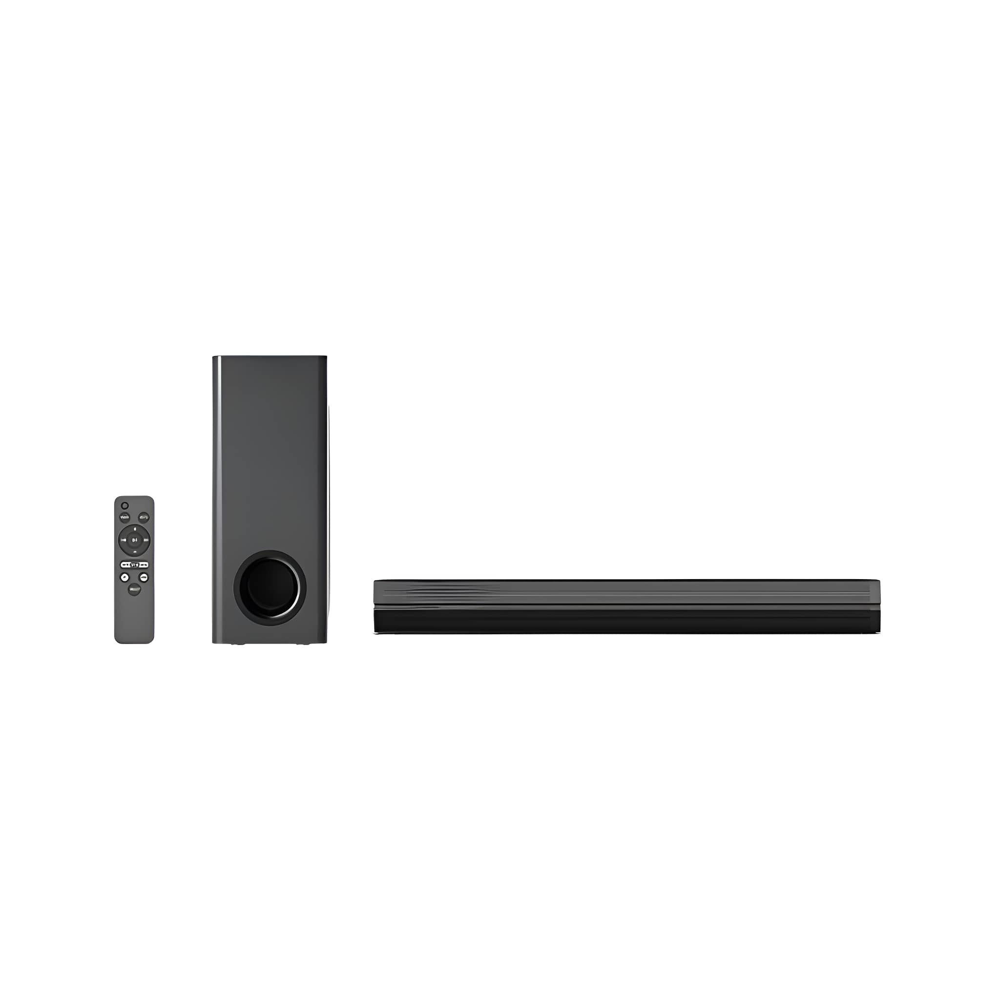 Schwarze Soundbar, Subwoofer und Fernbedienung. Alles auf weißem Hintergrund.