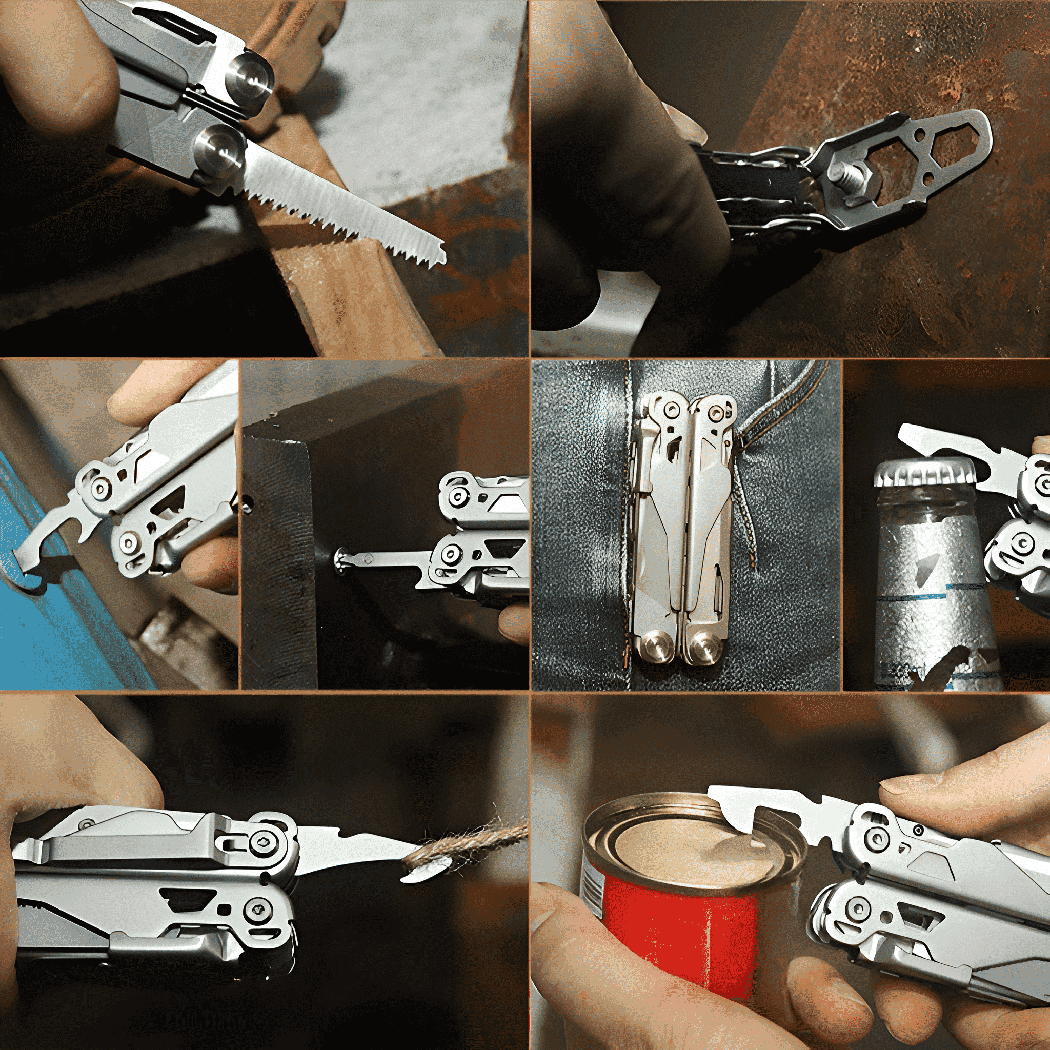 Ein Multitool für verschiedene Aufgaben: Sägen, Schrauben, Öffnen von Flaschen und mehr. Metallausführung.