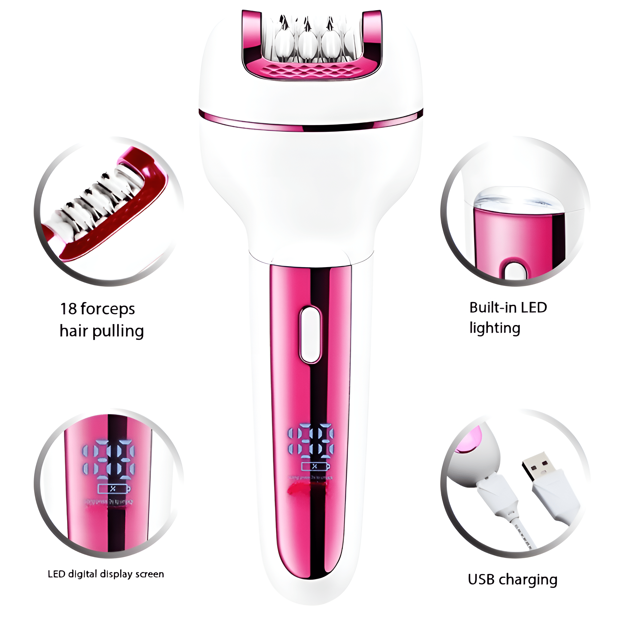 Weiß-rosa Epilierer mit Nahaufnahmen von Epilierkopf, LED-Anzeige und USB-Ladefunktion.