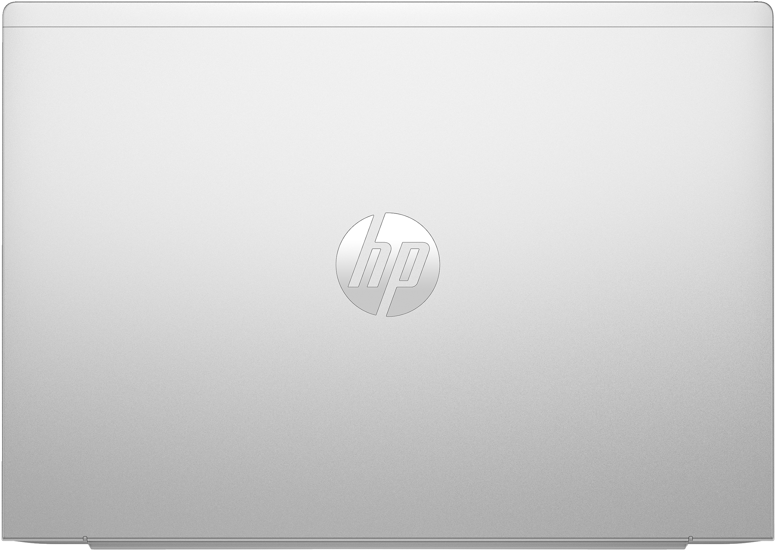 Il retro di un laptop argentato con il logo HP al centro.