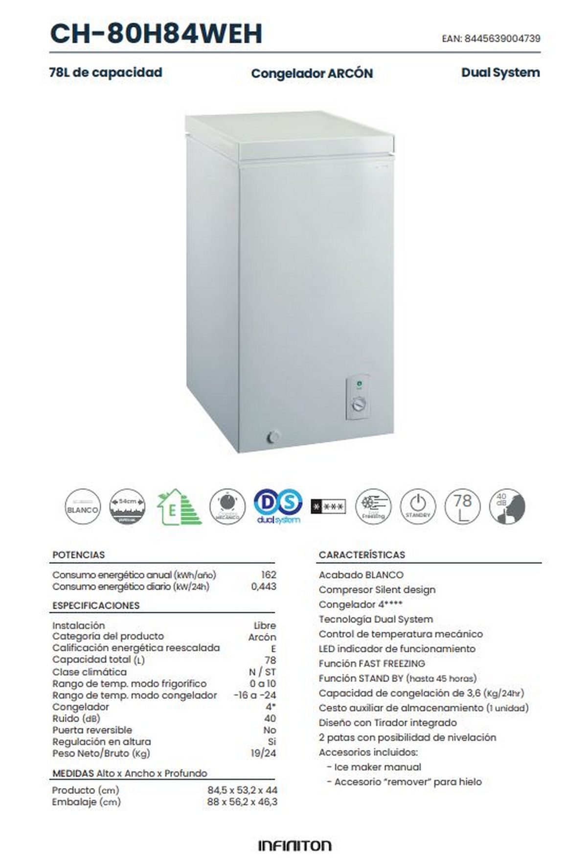 Congelador blanco con especificaciones del producto sobre un fondo blanco. Tiene una puerta blanca y un panel de control.