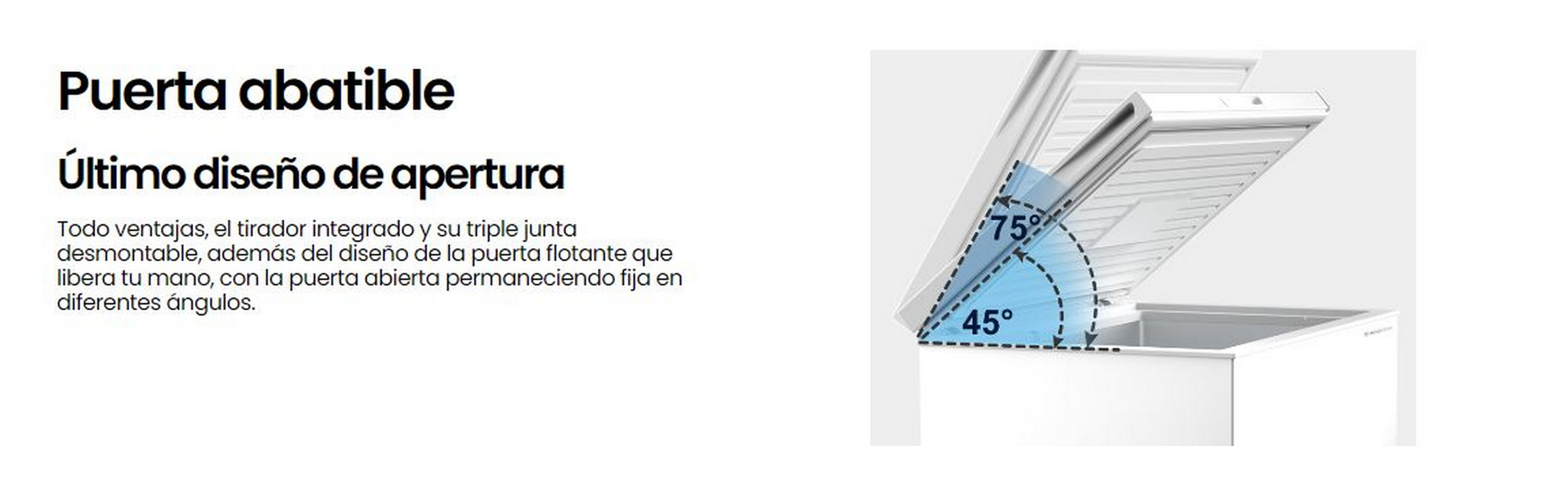Congelador blanco con puerta abierta mostrando ángulos, texto en español.