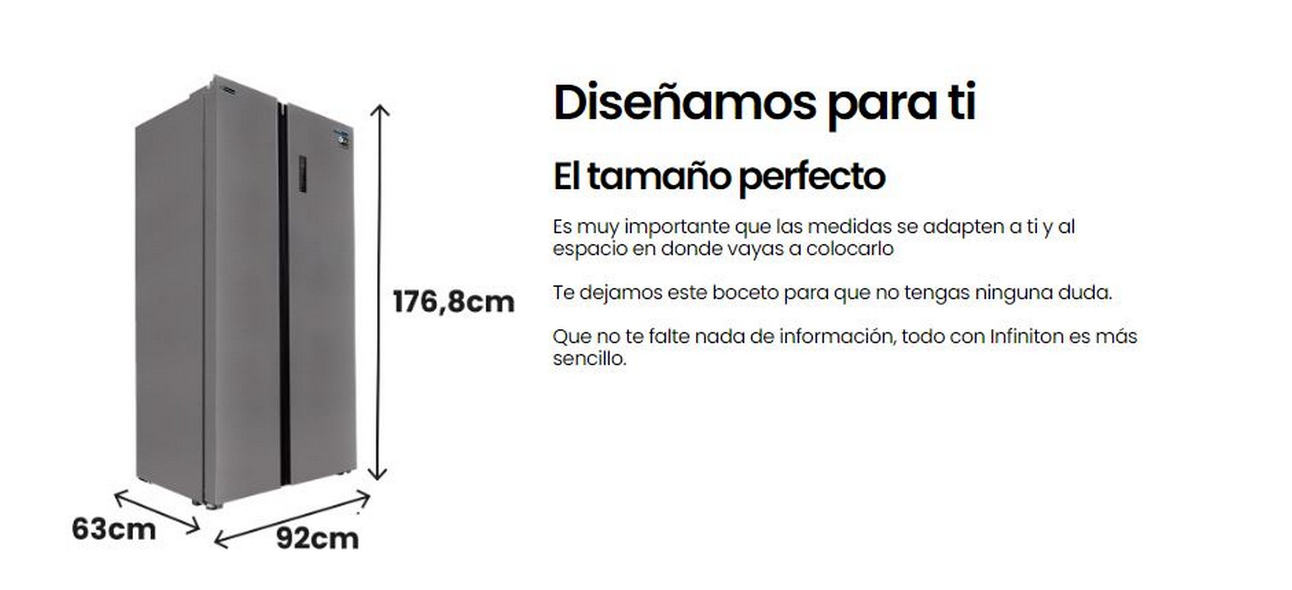 Un refrigerador alto y gris, con dimensiones etiquetadas. Texto sobre cómo adaptarse al espacio.