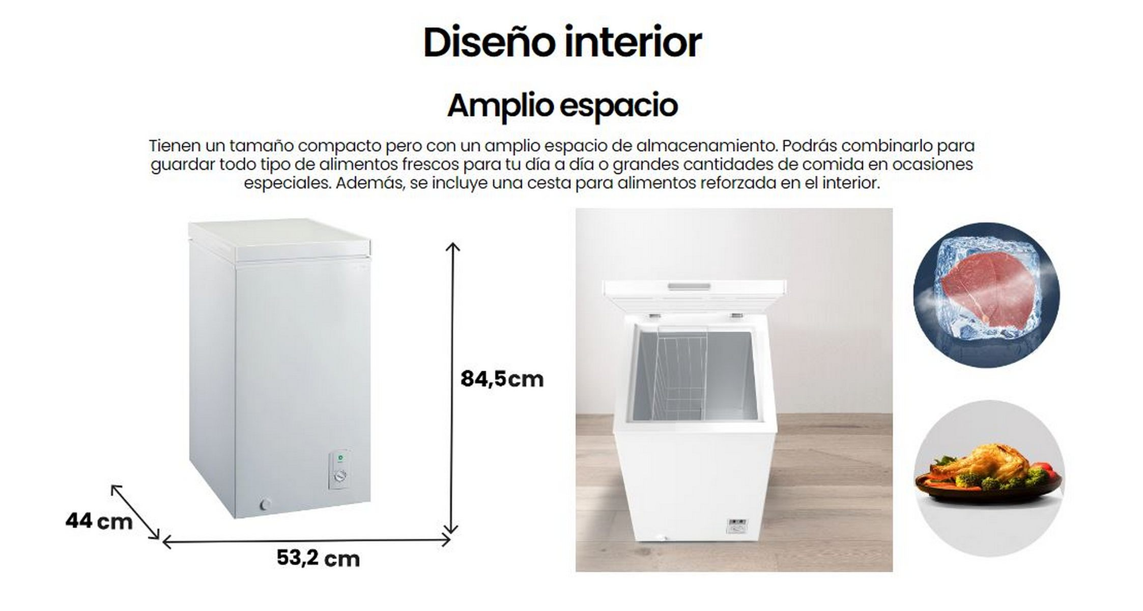 Refrigerador blanco con dimensiones. Vista interior del refrigerador y alimentos congelados.