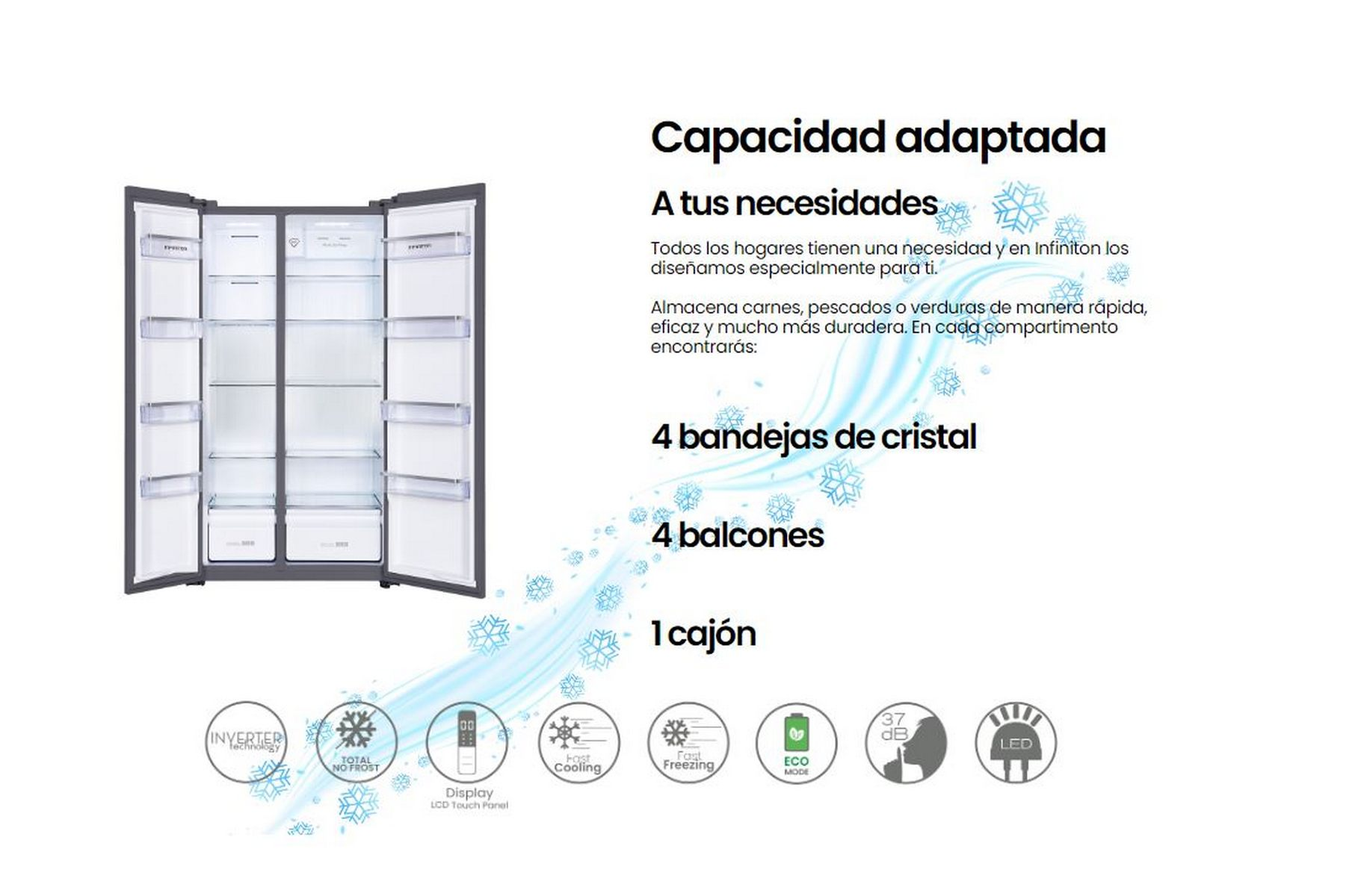 Refrigerador lado a lado abierto. Estantes de vidrio, cajones e iconos que detallan las características. Fondo blanco.