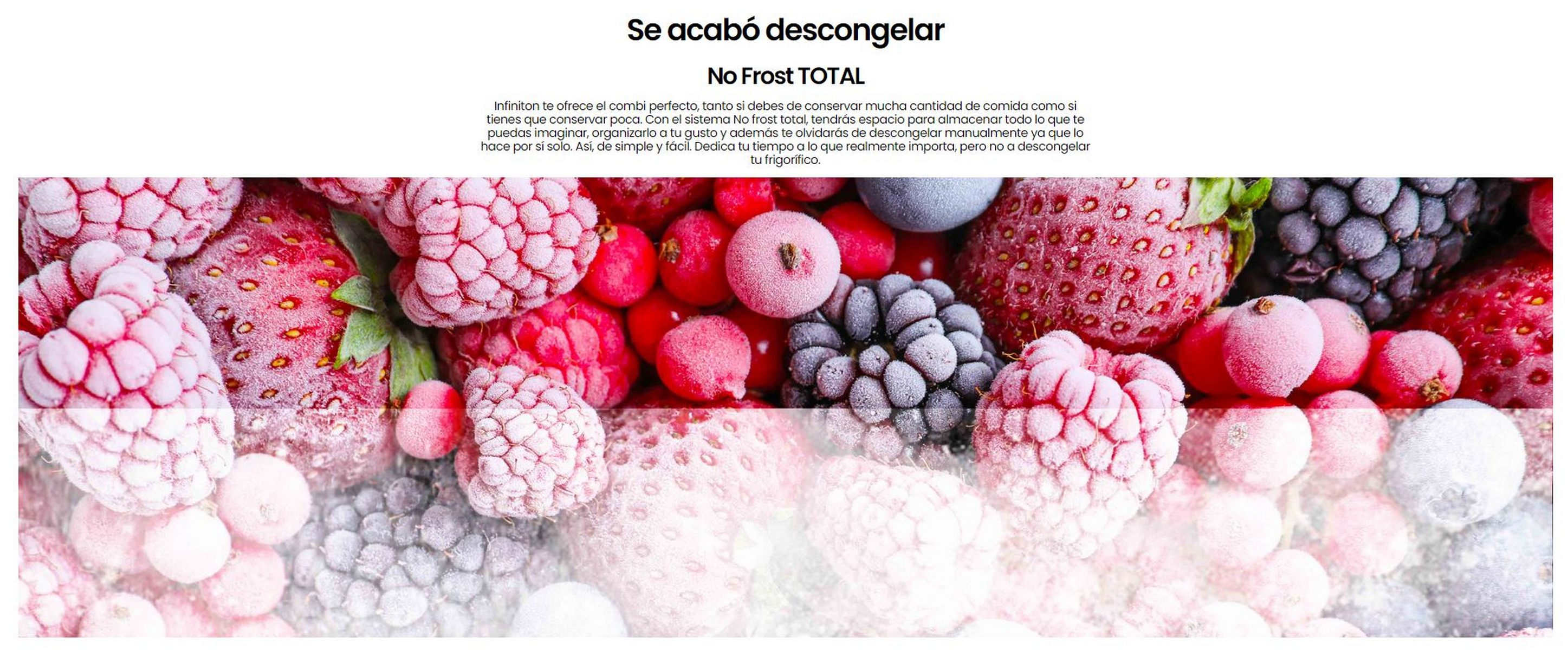 Bayas congeladas: fresas, frambuesas, moras y arándanos. Texto blanco encima. El fondo es blanco.