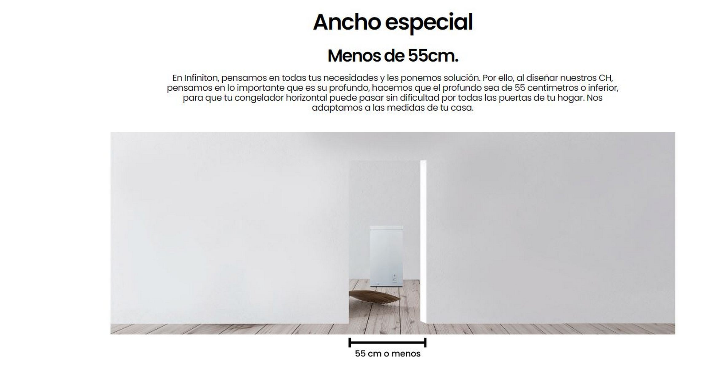 Habitación con paredes blancas y un congelador blanco en el centro. El texto indica dimensiones.