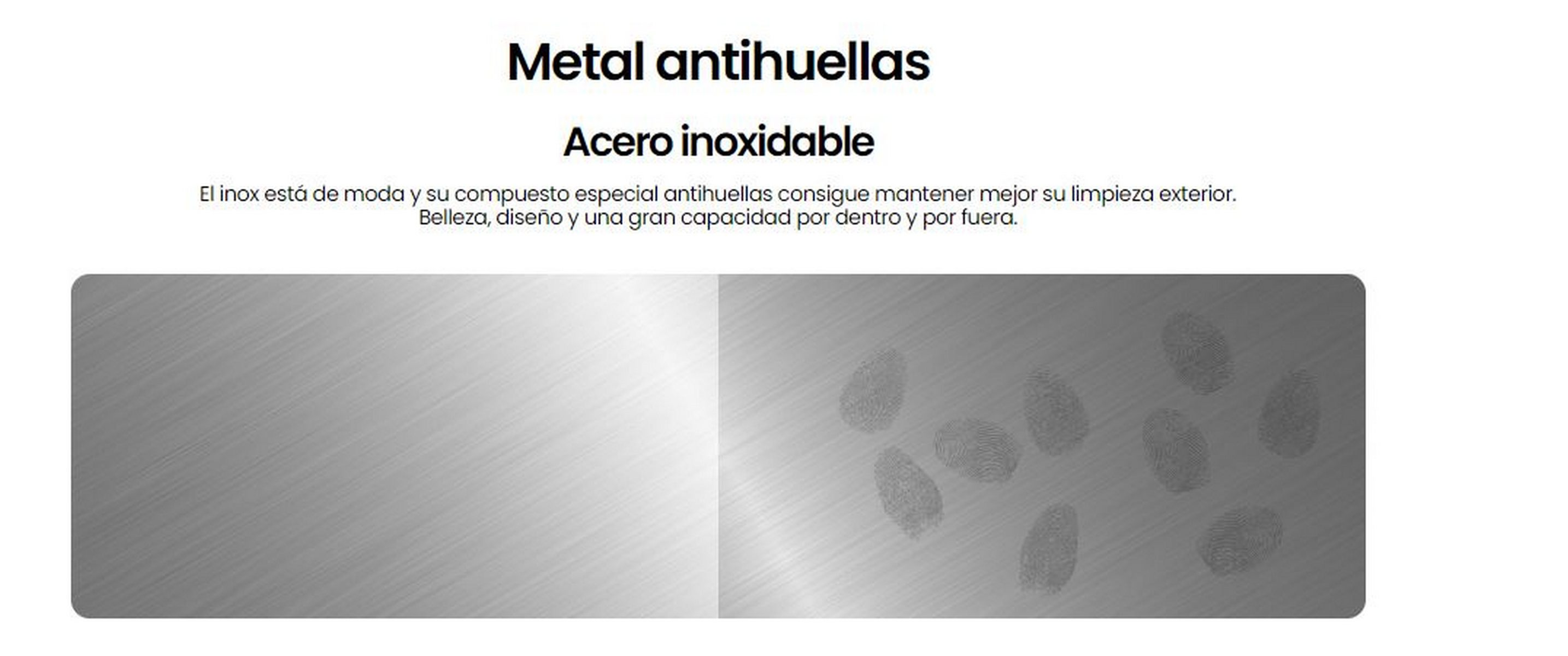 Superficie de acero inoxidable con huellas dactilares, el texto dice metal anti-huellas, acero inoxidable.