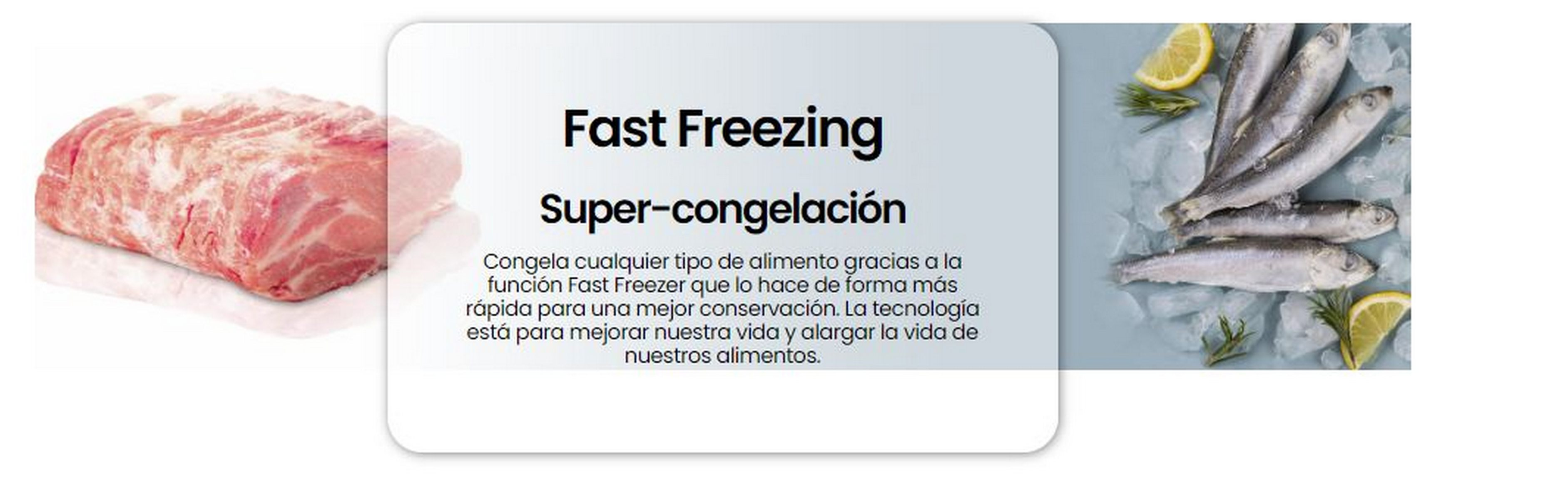 Imagen que muestra alimentos congelados, carne y pescado. Texto: 'Congelación rápida'.