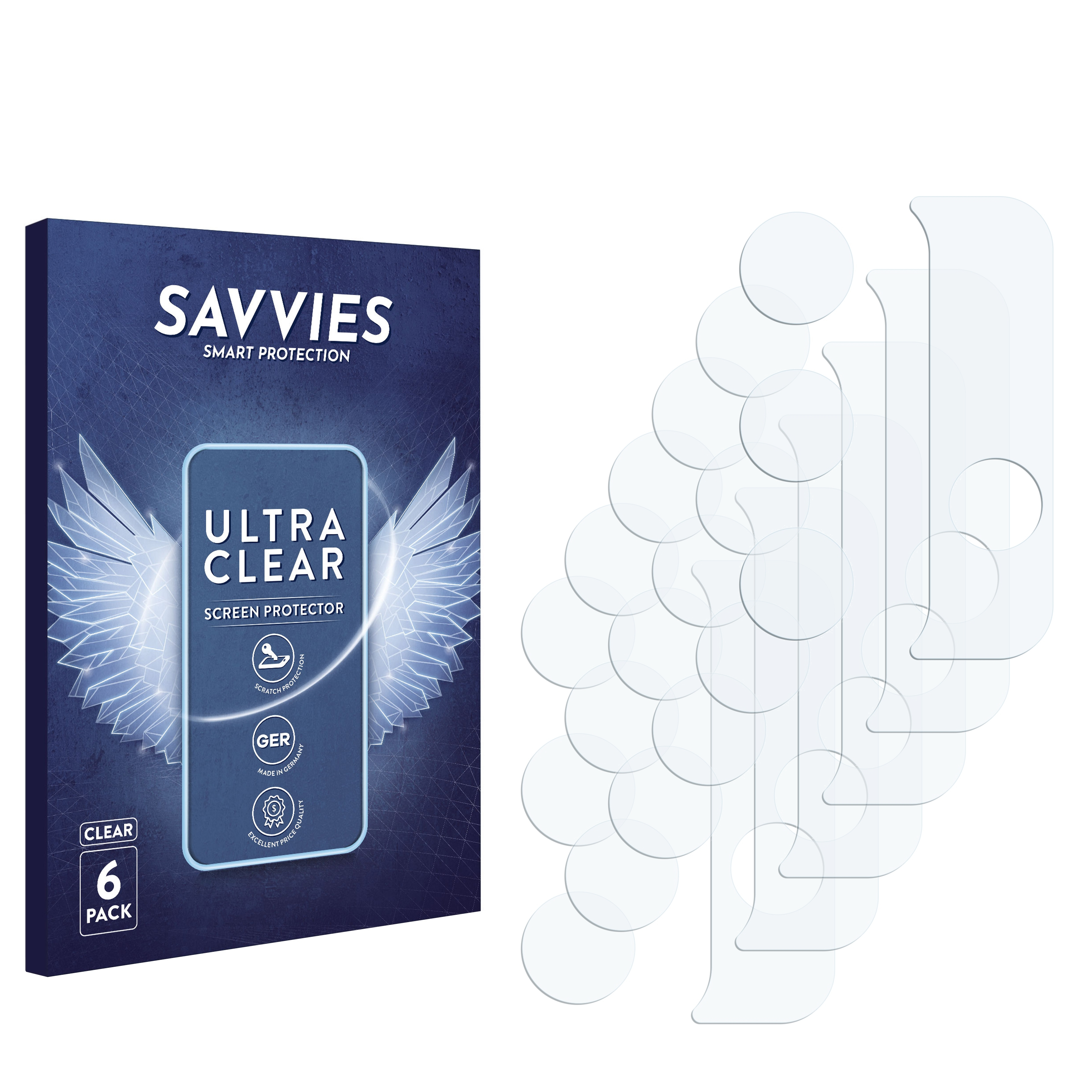 Displayschutzfolien-Packung mit Schutzfolien und einer Box. Weißer Hintergrund.
