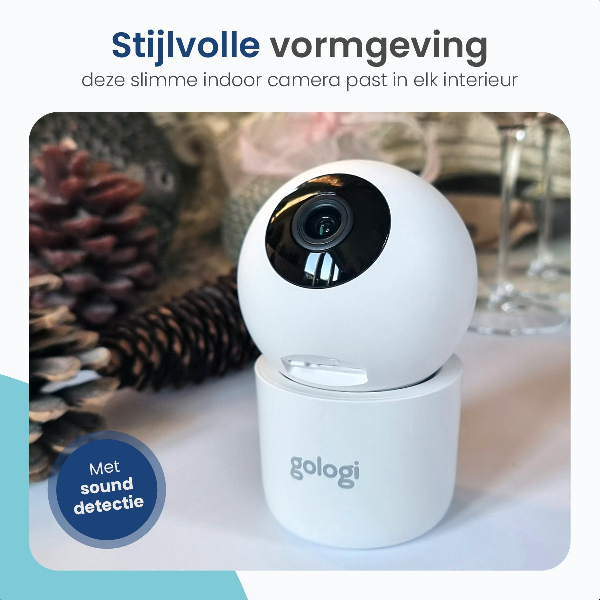 Weiße Smart-Kamera auf weißer Basis. Text sagt "gologi". Die Kamera ist nach oben gerichtet.