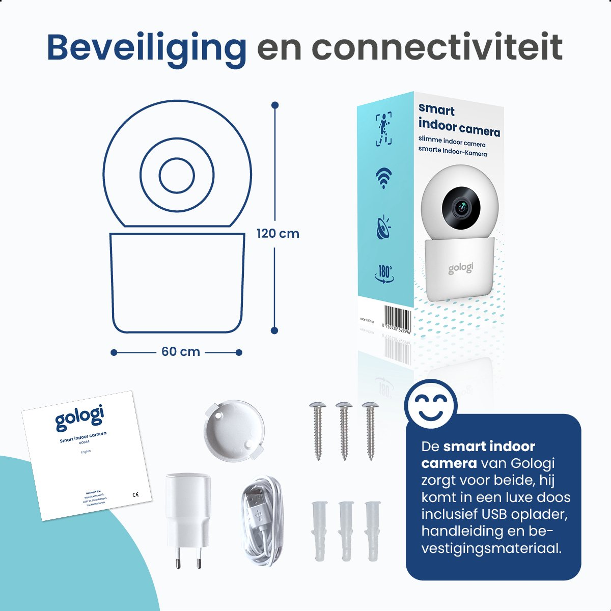 Diagramm, das das Produkt, die Abmessungen und das Zubehör einer intelligenten Innenraumkamera zeigt.