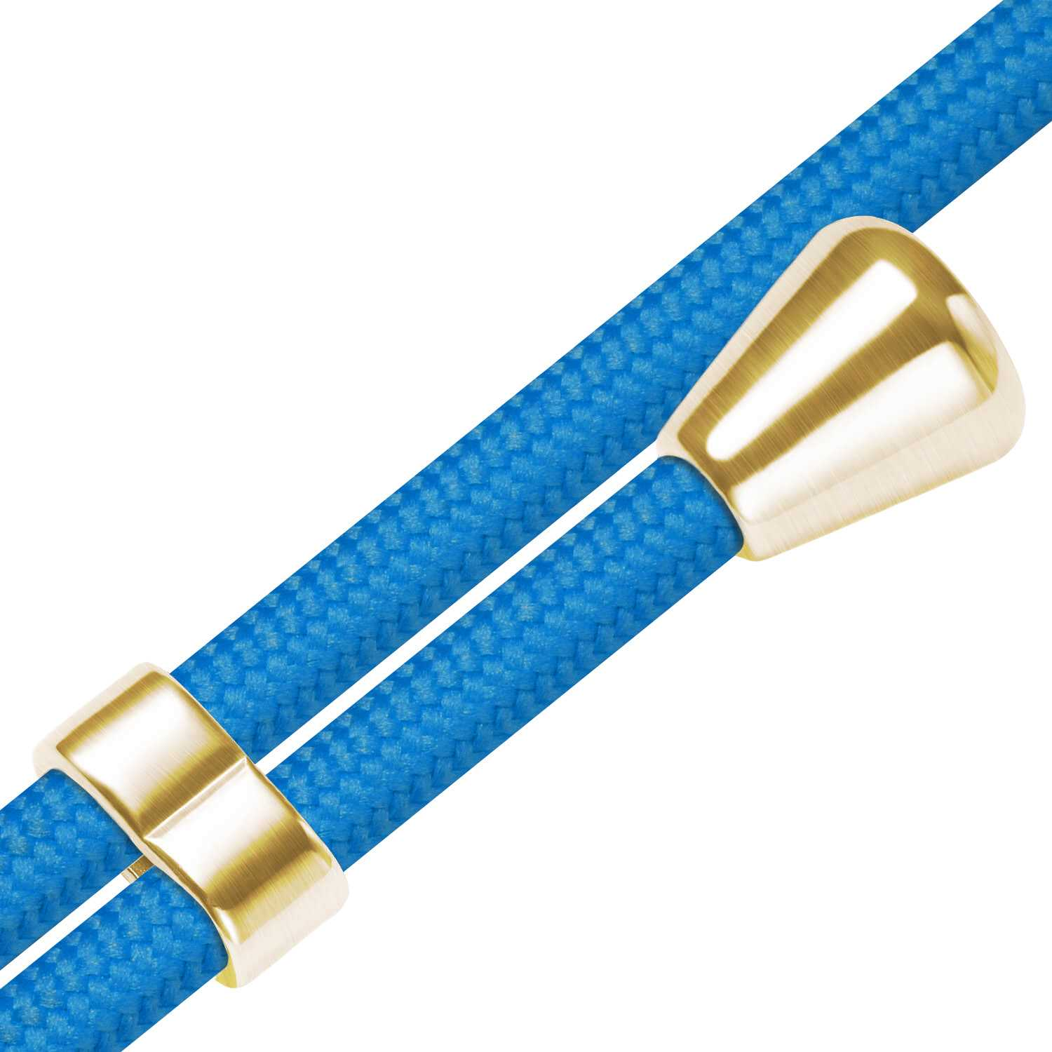 Blaues und goldenes Telefon-Lanyard. Zwei Stränge blauen Kords mit goldenen Akzenten. Weißer Hintergrund.