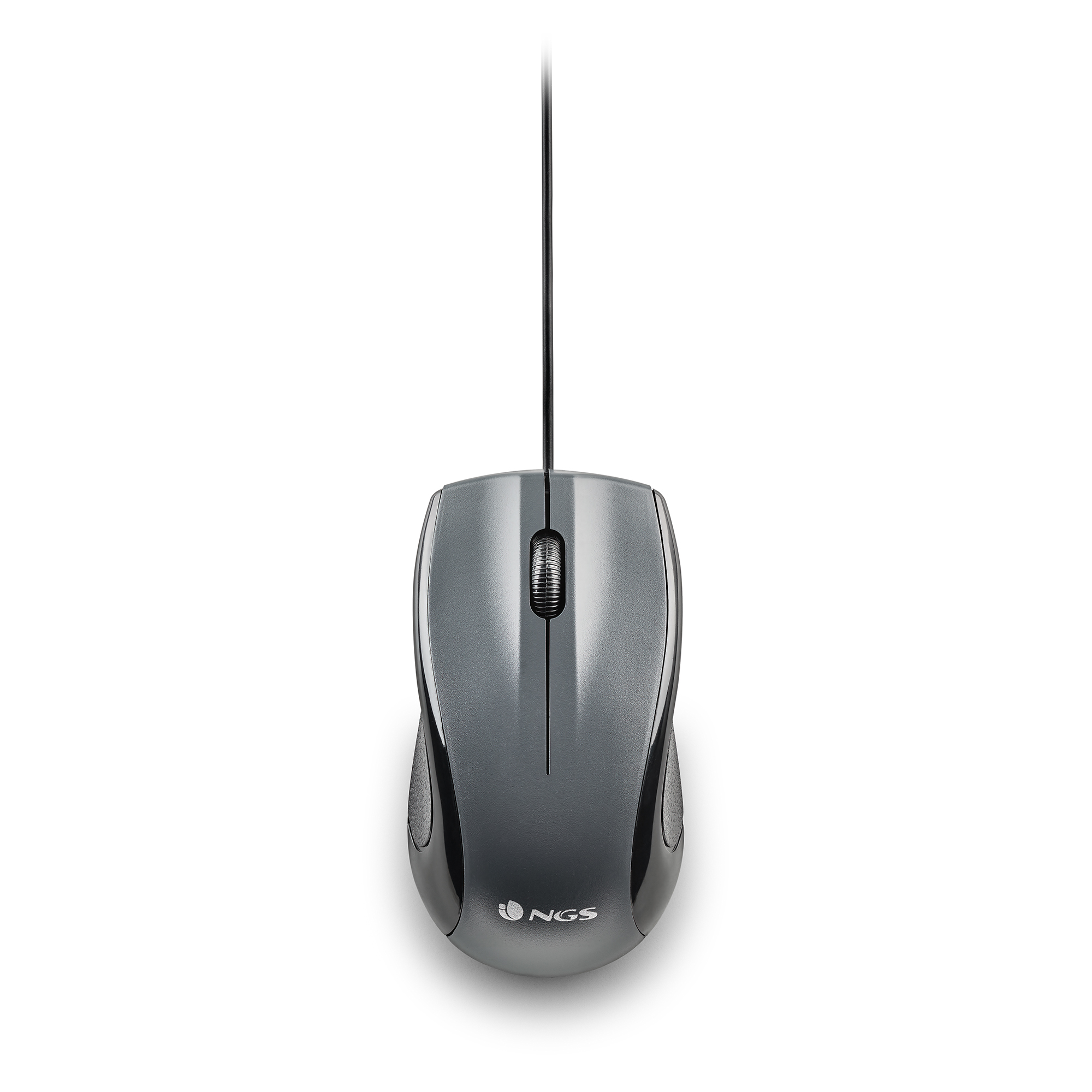 Mouse per computer grigio. Vista dall'alto, con cavo nero. Logo NGS visibile.