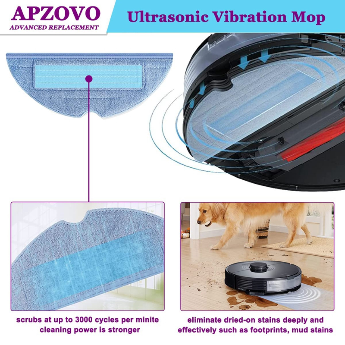 Mop wibracyjny ultradźwiękowy. Zbliżenia nakładki mopa i czynności mopowania. Czarny mop na podłodze.