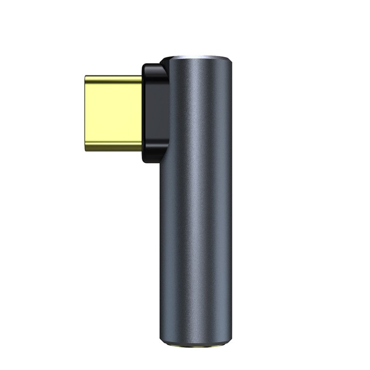 Een USB-C naar 3,5 mm audio-adapter wordt getoond. Het is een donkere metallic kleur met een gouden USB-C-connector.