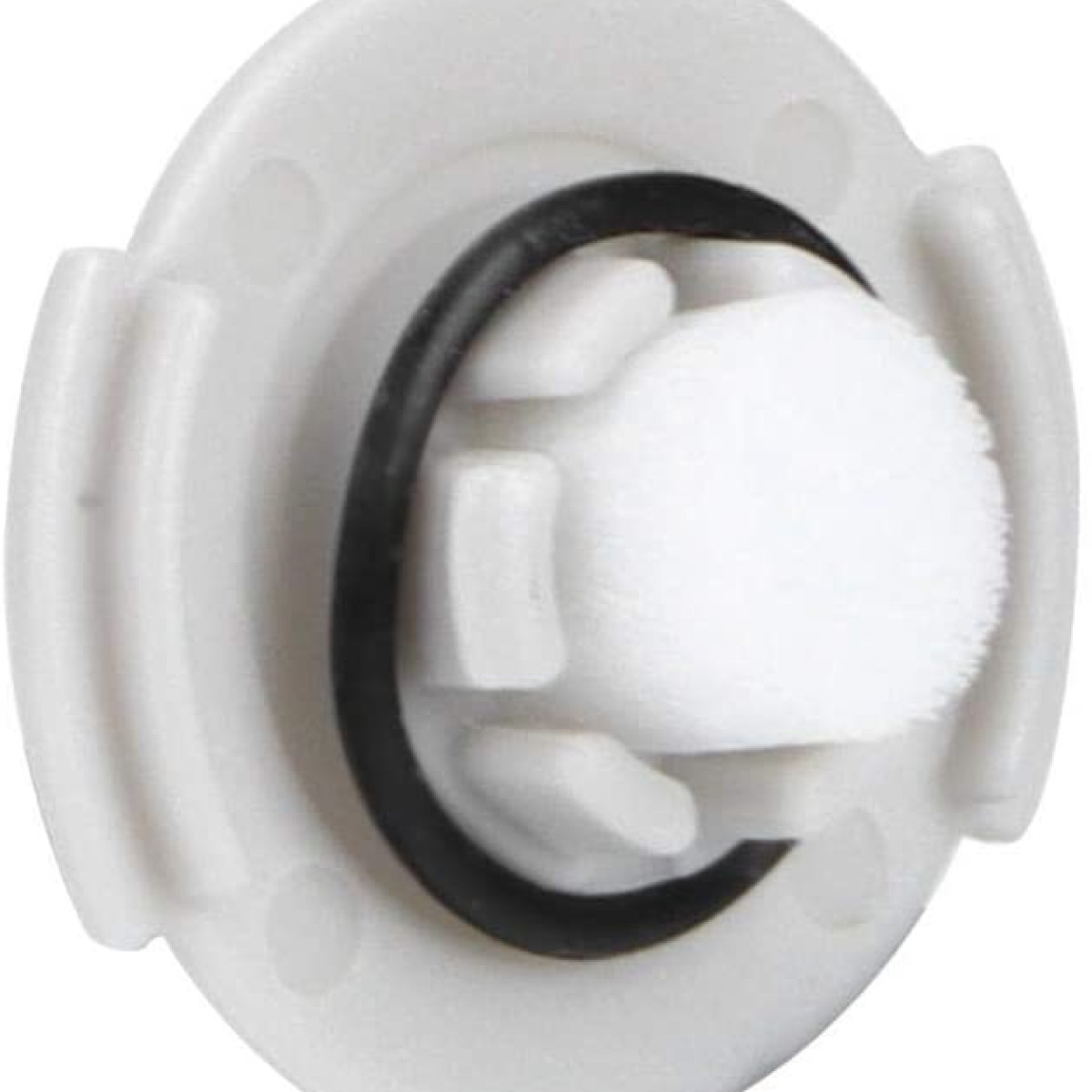 Biały element z tworzywa sztucznego z czarnym pierścieniem i białą pianką w środku.
