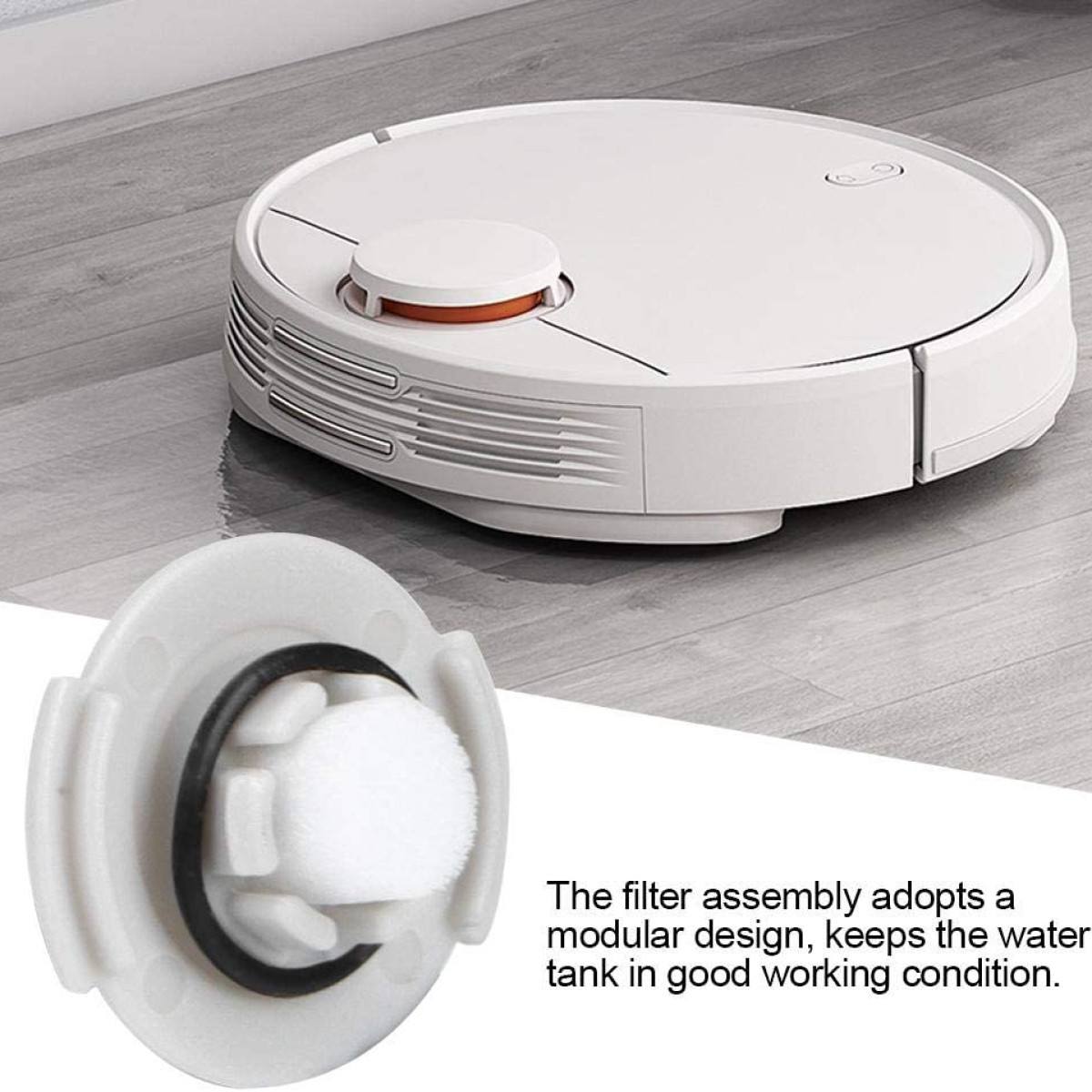 Biały odkurzacz automatyczny i zespół filtra na drewnianej podłodze.