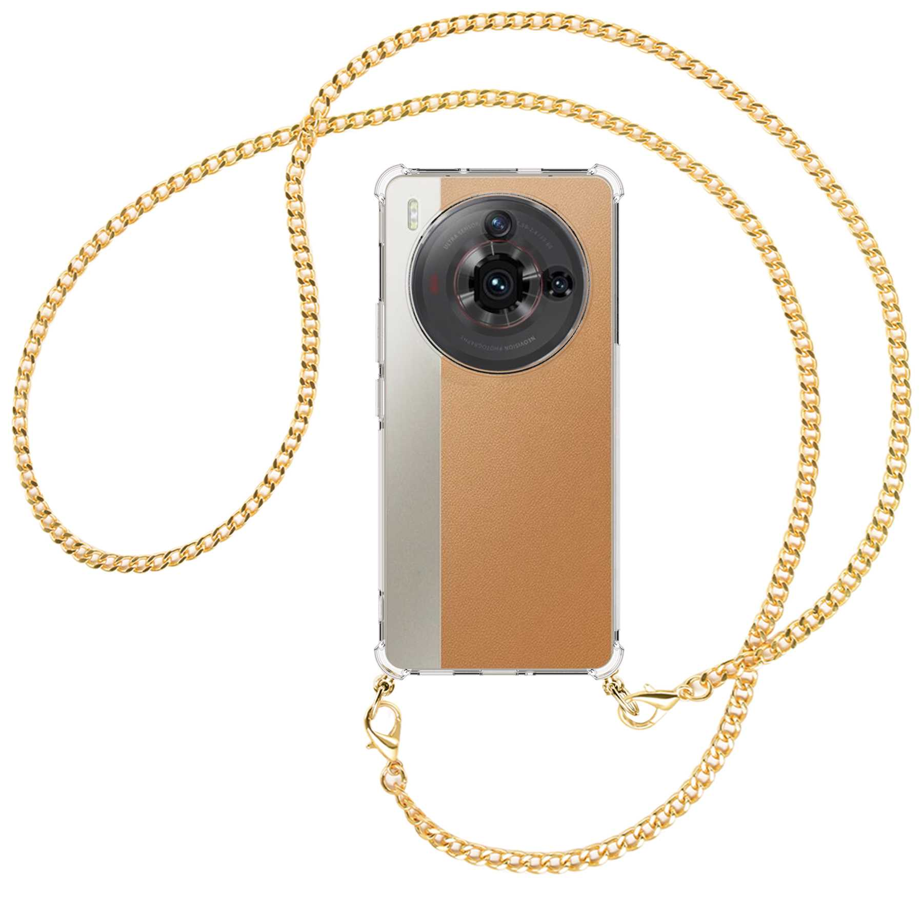 Telefon mit goldener Kette. Das Telefon hat eine transparente Hülle und eine zweifarbige Rückseite.