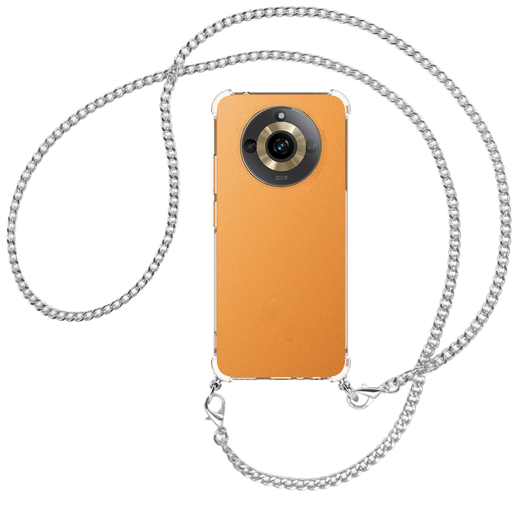 Orangefarbenes Telefon mit silberner Kettenhülle.