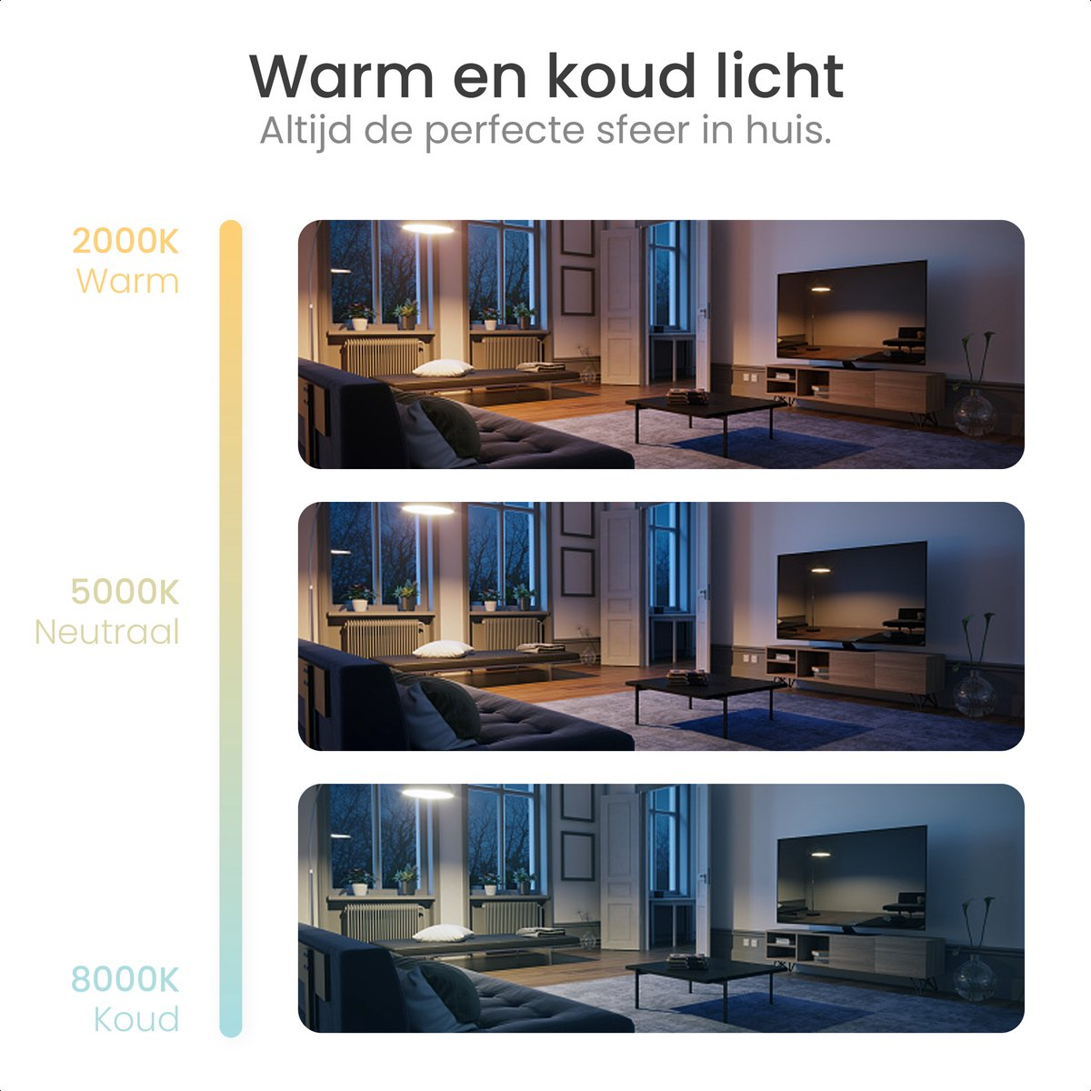 Three interior scenes with different lighting: warm, neutral, and cool, to show temperature of light.