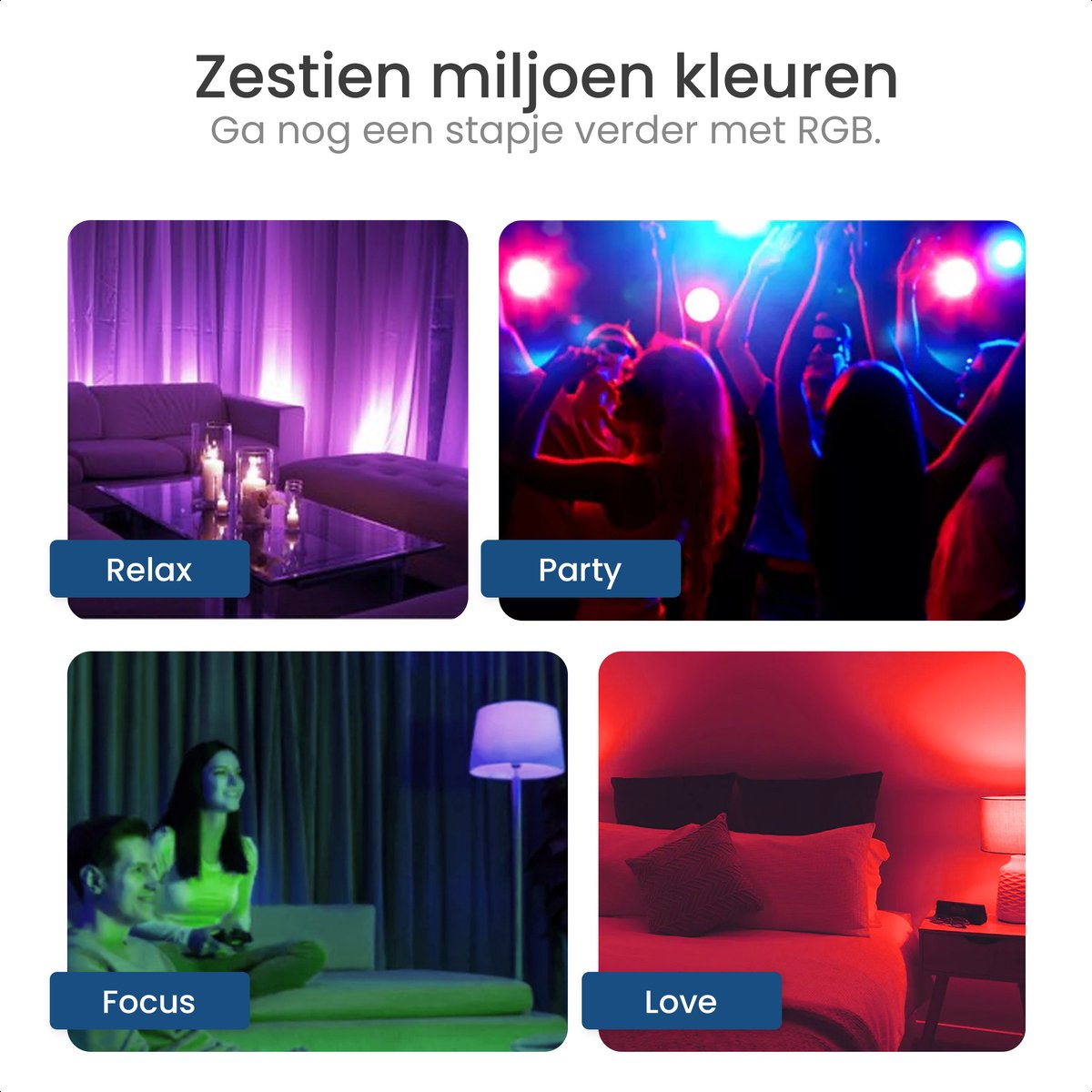 Four images showing different colored LED lights. Text on each: Relax, Party, Focus, Love.