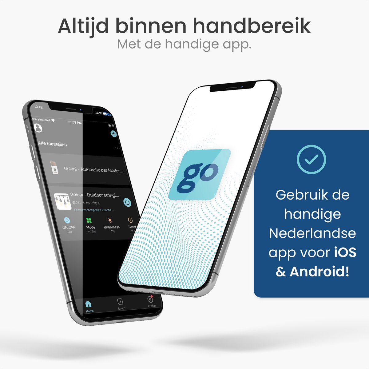 Two phones displaying a pet feeder app interface, with a blue checkmark.