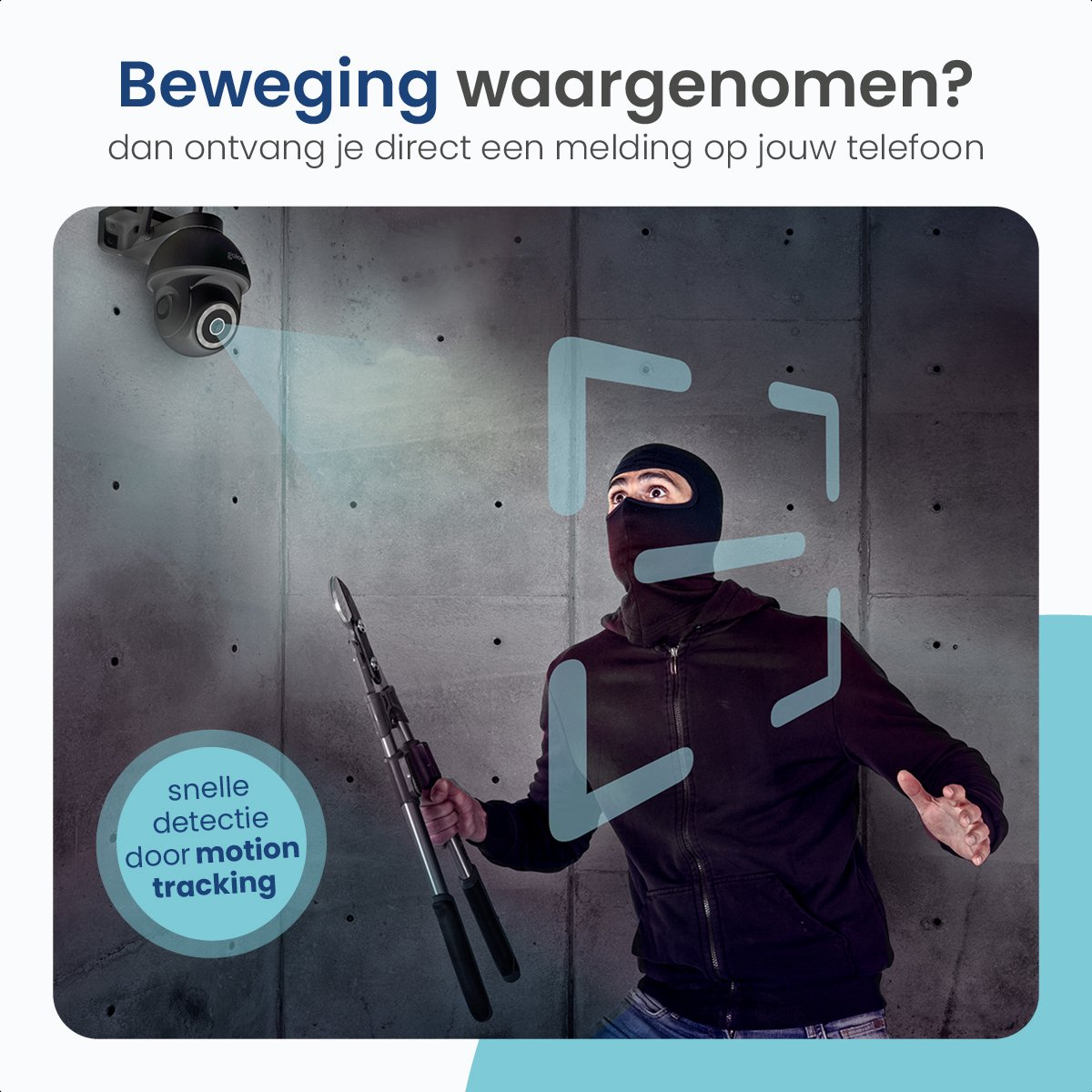 Eine Überwachungskamera und eine Person mit Maske in einem Raum. Bewegungserkennung.