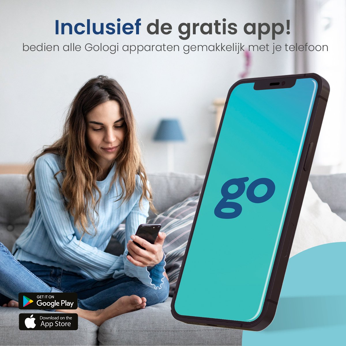 A woman on a sofa using a phone with an app interface.