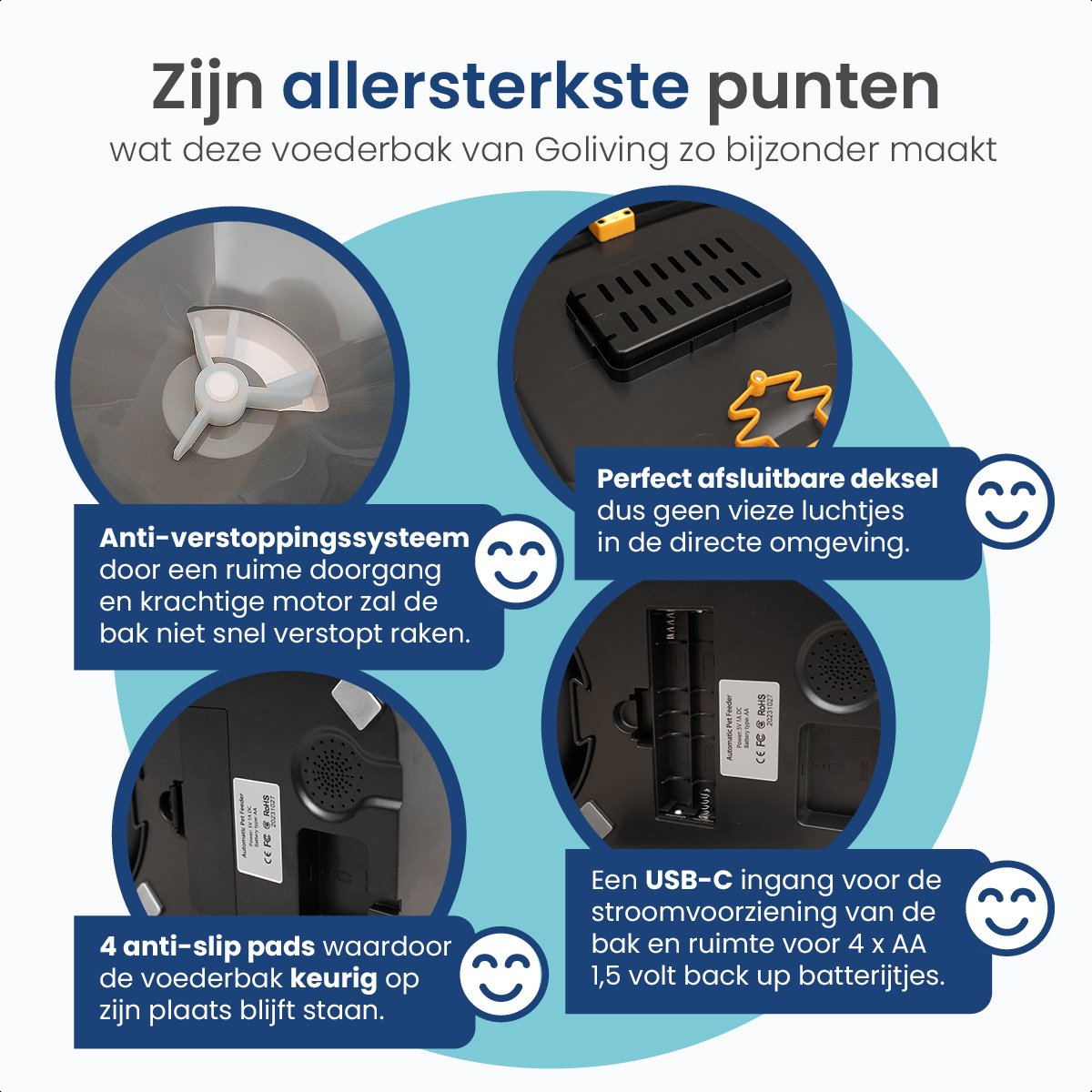 Infographic with text about a pet feeder, showing features like anti-clog system, and battery backup.