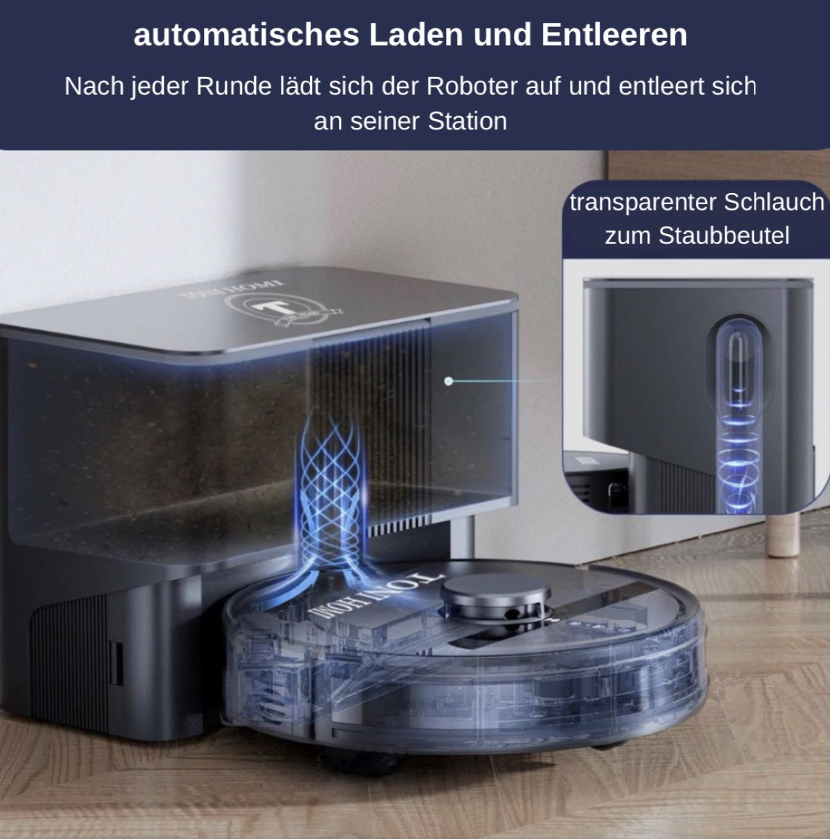 Roboter-Staubsauger mit Ladestation. Text auf Deutsch. Der Staubsauger ist vorne.