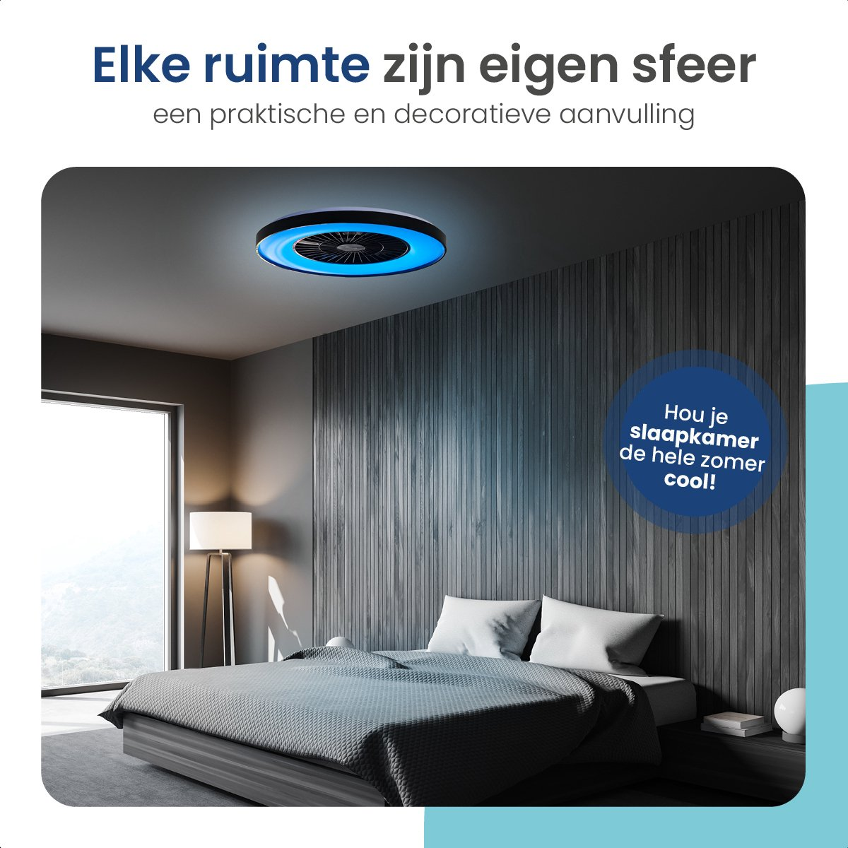 A ceiling fan with a blue light in a bedroom with a bed, the text says, 'Keep your bedroom cool!'