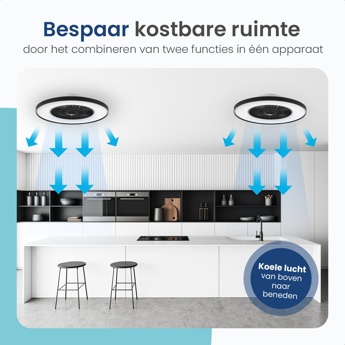 Two ceiling fans with lights. Blue arrows indicate downward airflow. Text in Dutch is visible.