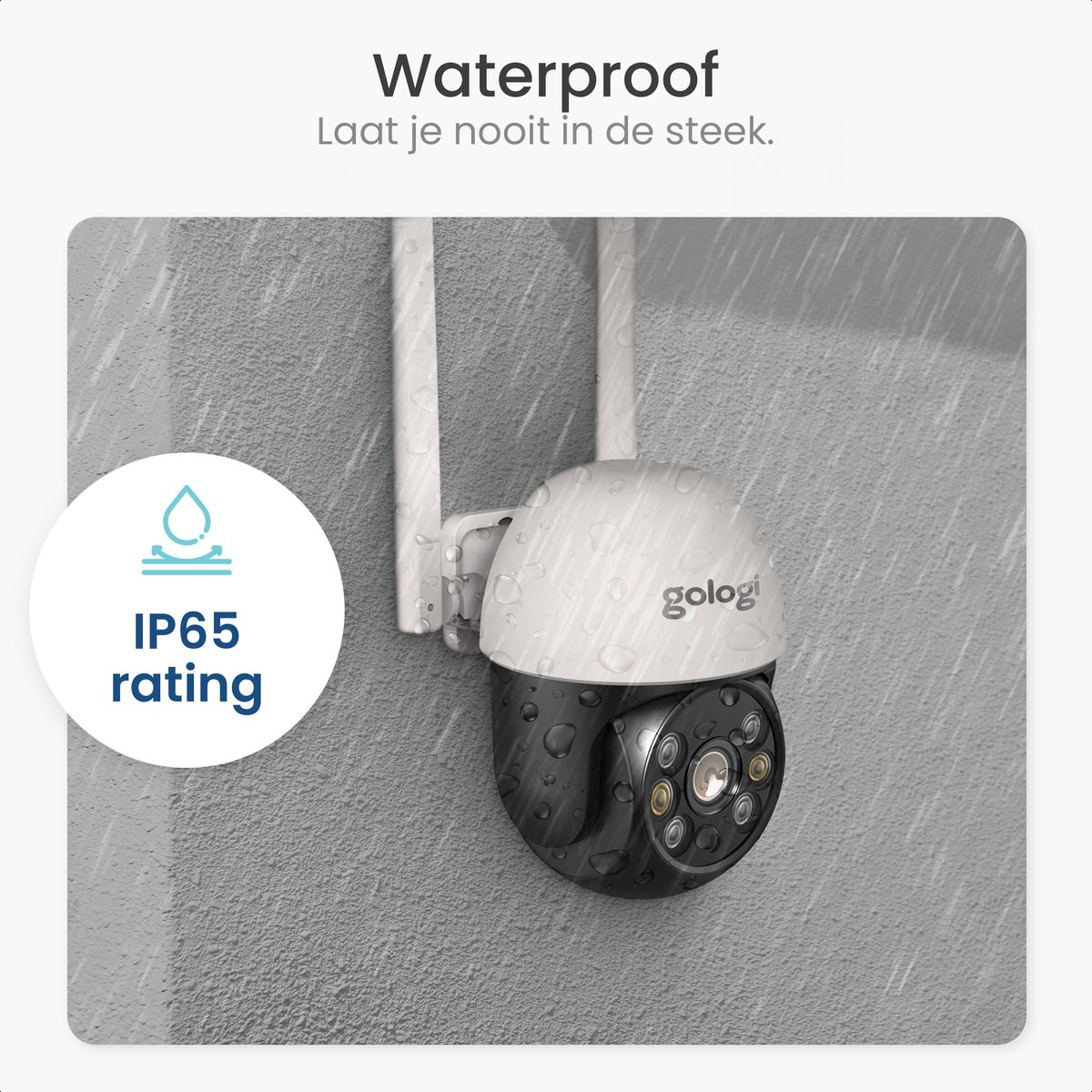 White and black security camera on a concrete wall. IP65 rating.