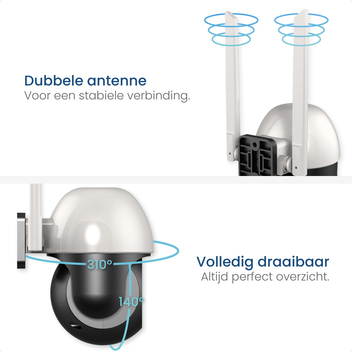 A white security camera with two antennas, rotating around a black base.