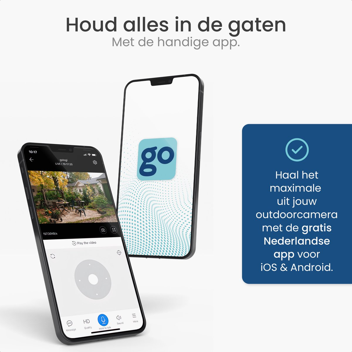 Two phones show an app interface. One is angled, displaying a backyard. Text says outdoor camera app.