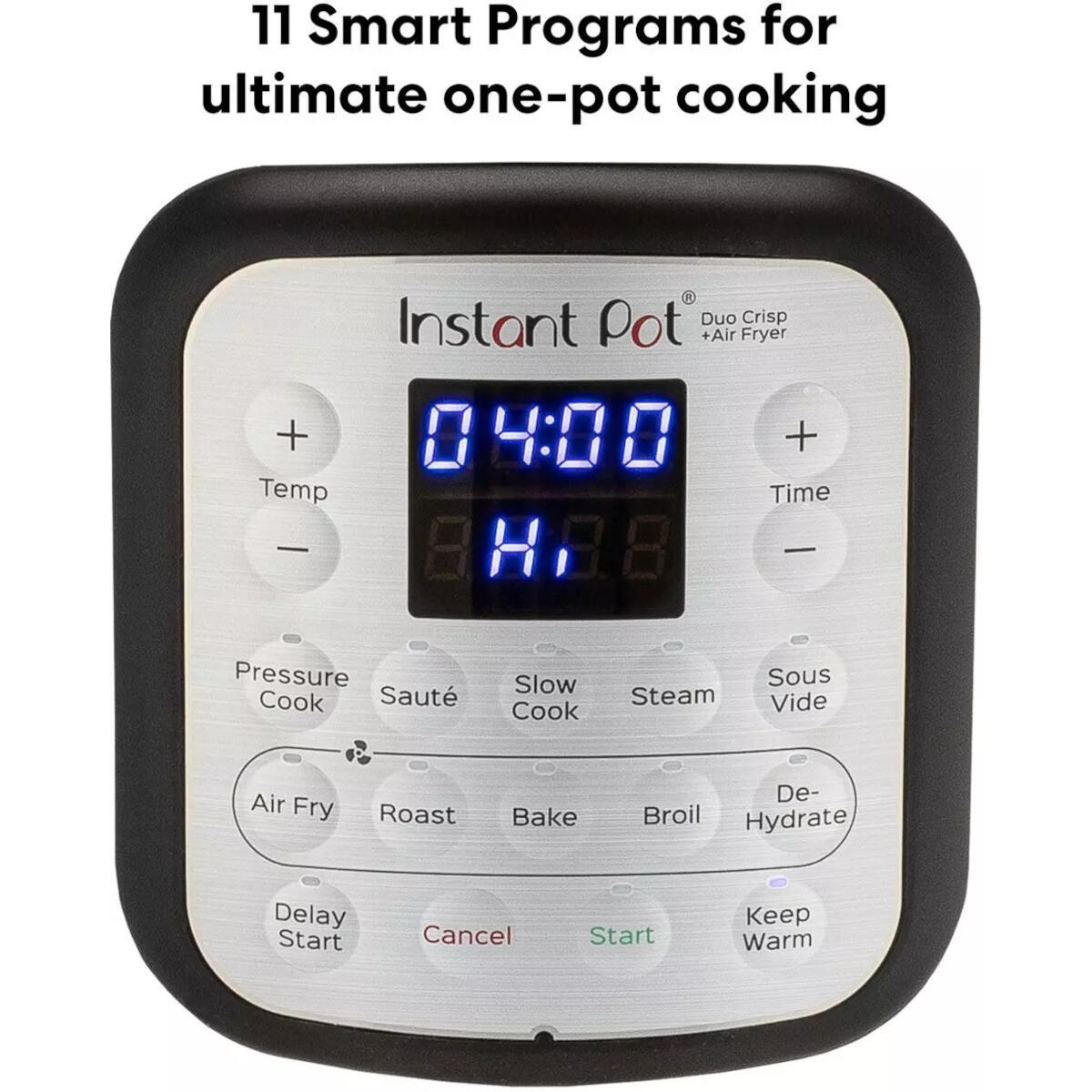 Zwart Instant Pot bedieningspaneel. Toont tijd en instellingen voor snelkoken, airfryen en andere functies.