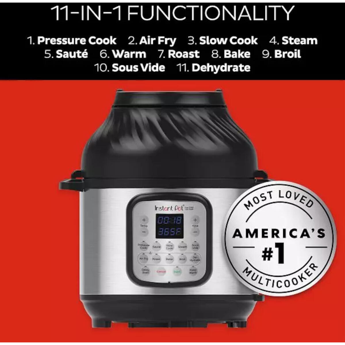 Instant Pot multicooker met bedieningspaneel en America's #1 sticker.