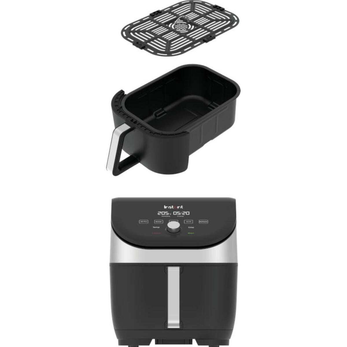 Airfryer, zwart en zilver, met apart getoonde componenten: mand, bak en de fryer zelf.
