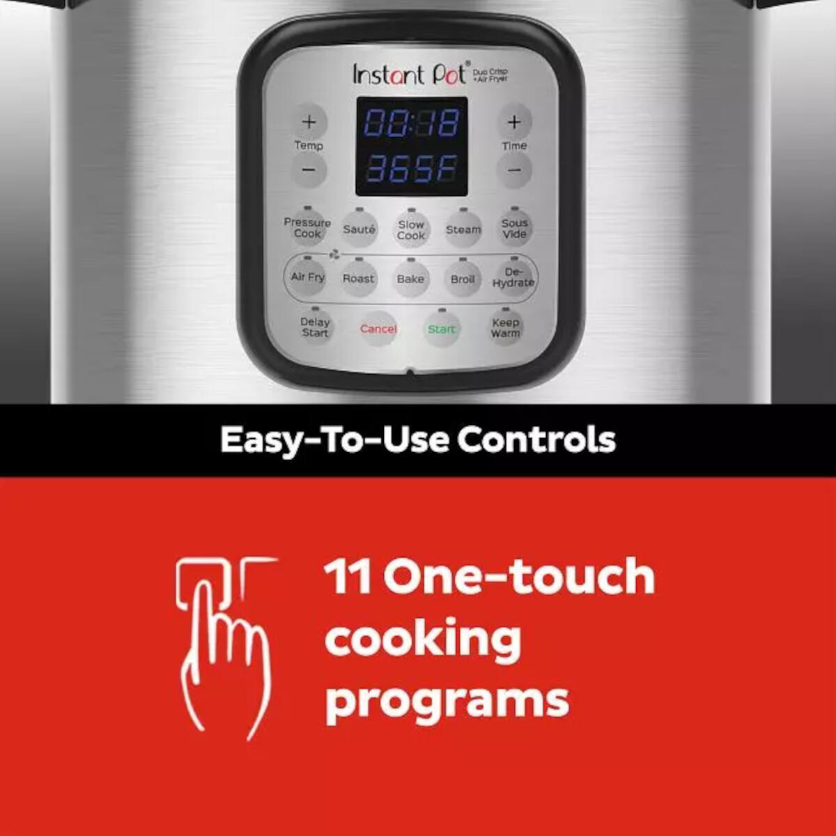 Een bedieningspaneel van een Instant Pot. Het heeft knoppen voor druk, koken en slowcook.