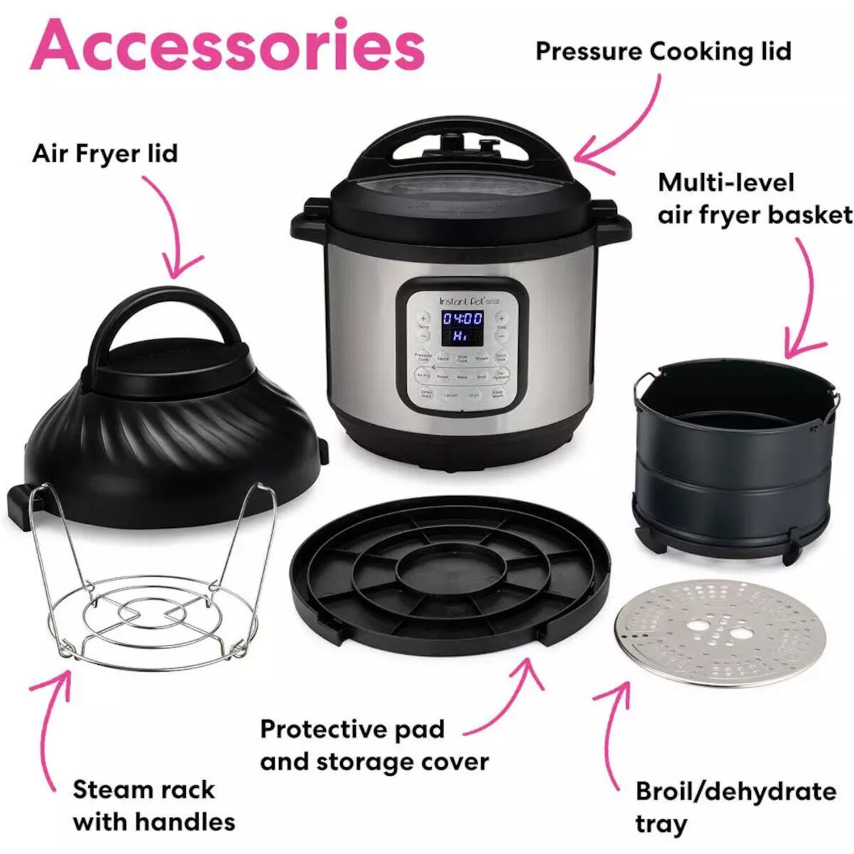 Accessoires voor een snelkookpan en airfryer. Inclusief deksels, rekken en een multi-level airfryer mand.