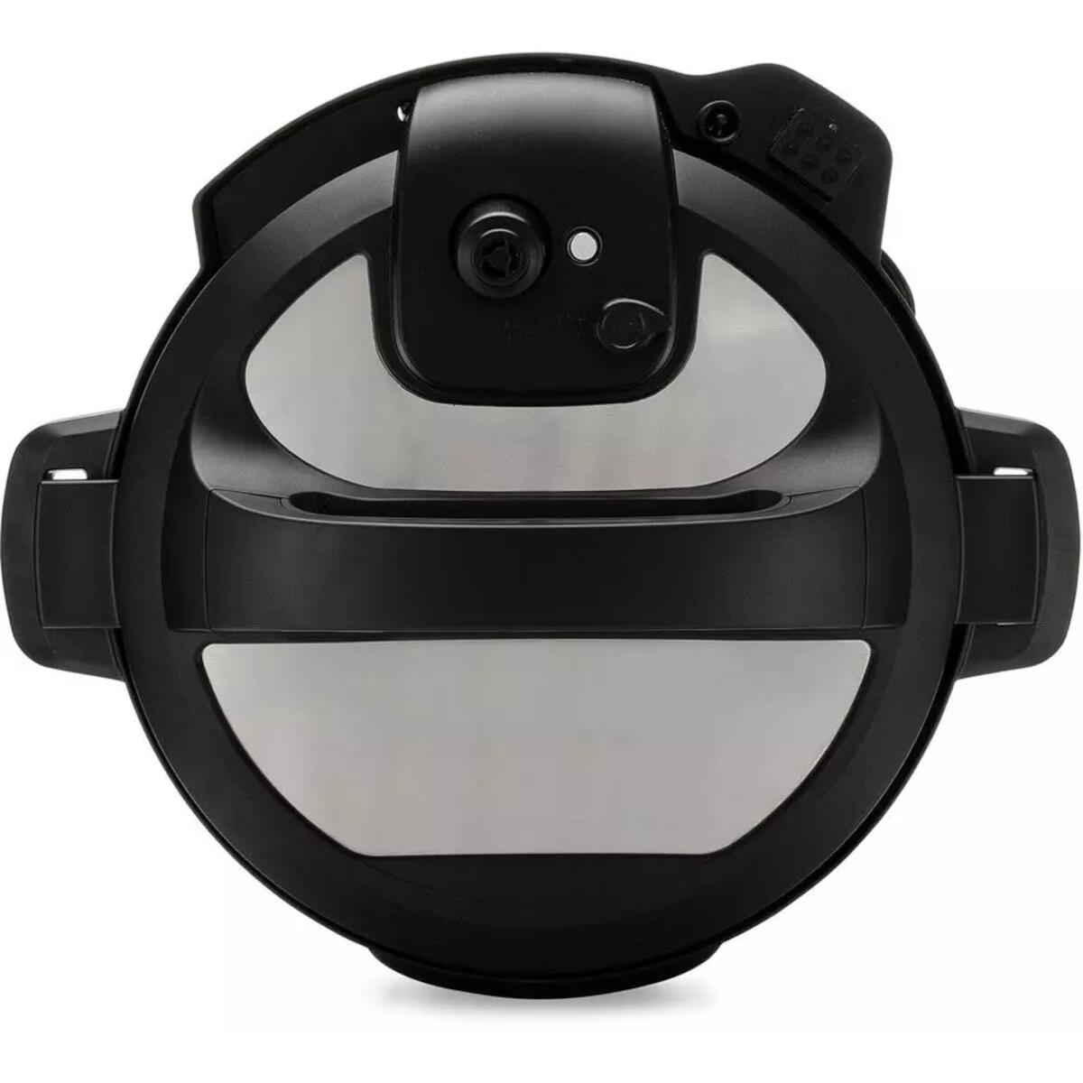 Zwart Instant Pot deksel. Toont de bovenkant met handvat, ventilatie en bedieningspaneel.
