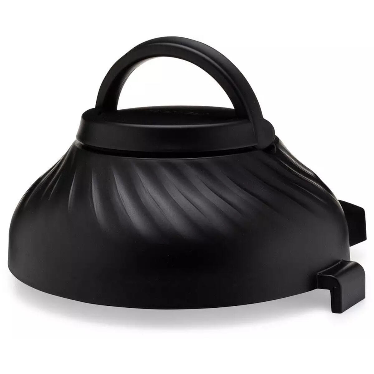 Zwart plastic airfryer-onderdeel met een handvat.