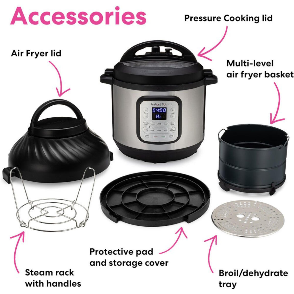 Instant Pot and accessories: air fryer lid, steamer rack, basket, broil tray, and protective pad.