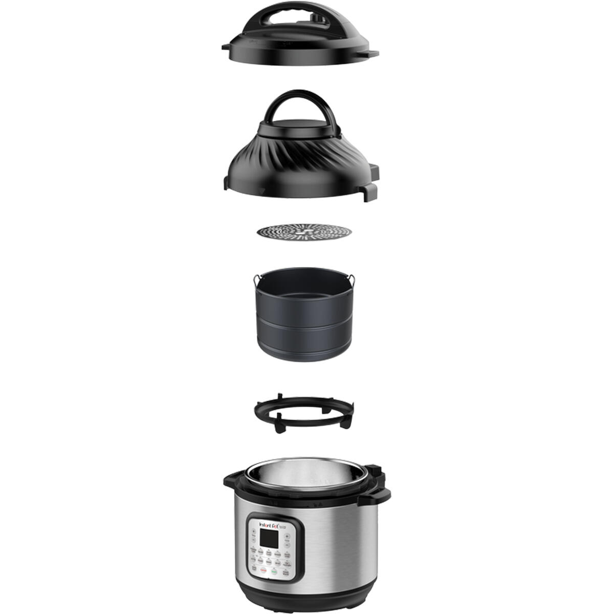 An exploded view of a black air fryer shows its components: lid, air fryer basket, and base.