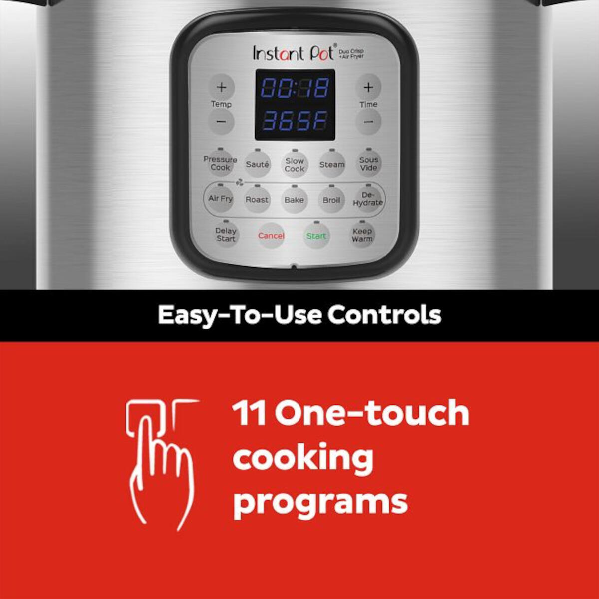 An Instant Pot control panel with a digital display and 11 one-touch cooking programs listed.